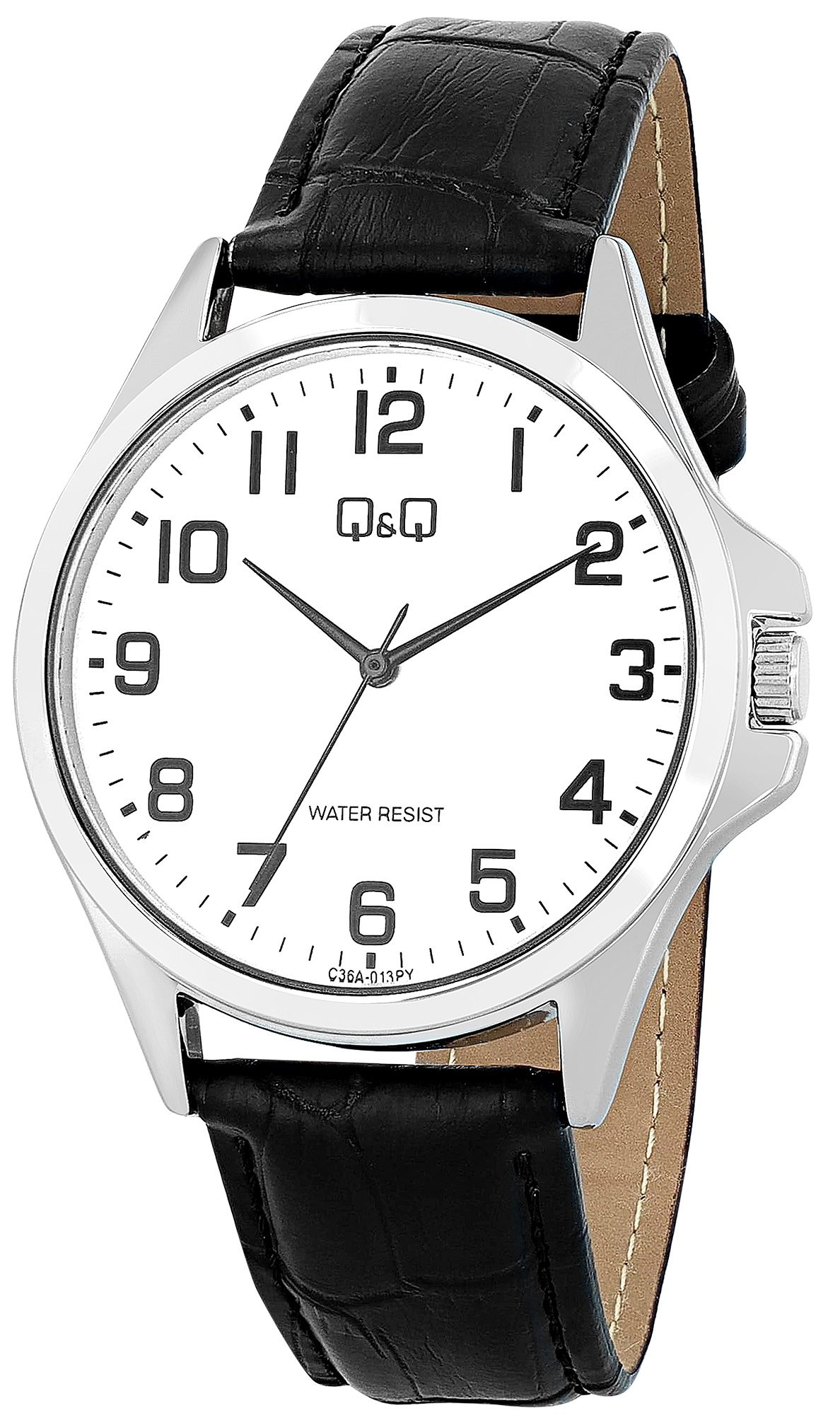 Q&Q Herrenuhr, Lederimitationsband, Ø 40 mm, schwarz/ silberfarben/ weiß