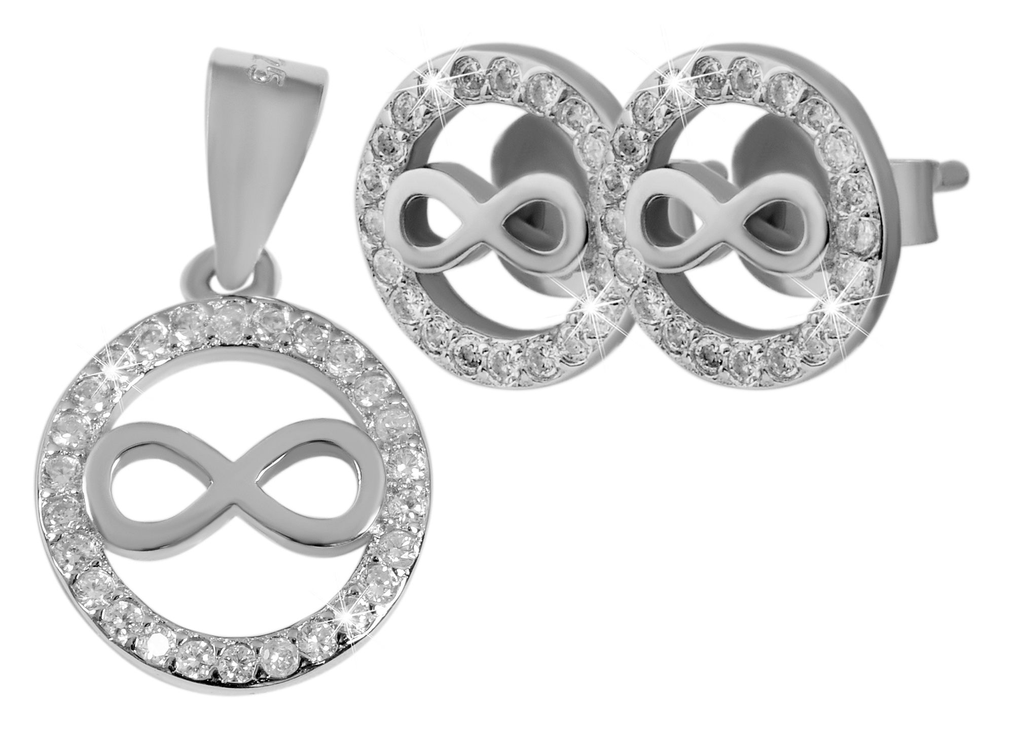 925/- Echt Silber Schmuckset "Irina", Anhänger und Ohrstecker mit Infinity-Symbol, 925/rhodiniert