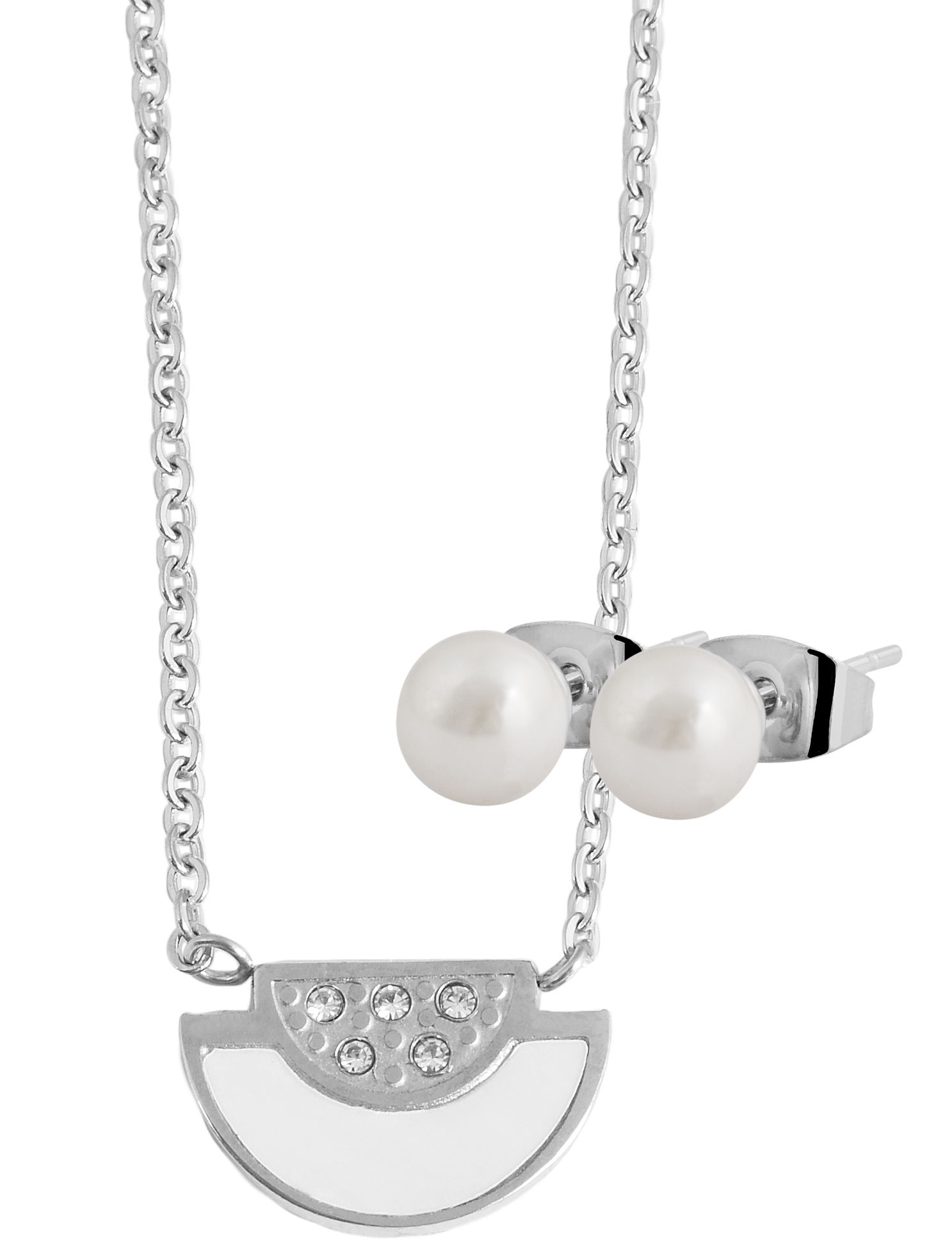 Akzent Edelstahl Schmuckset, Kette und Ohrringe mit Similibesatz, 46+5 cm, silberfarbig