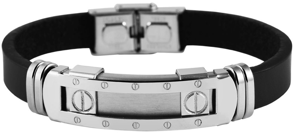 "Akun", Akzent Armband, Echtleder, Edelstahlgravurplatte, schwarz/silberfarben, 22 cm