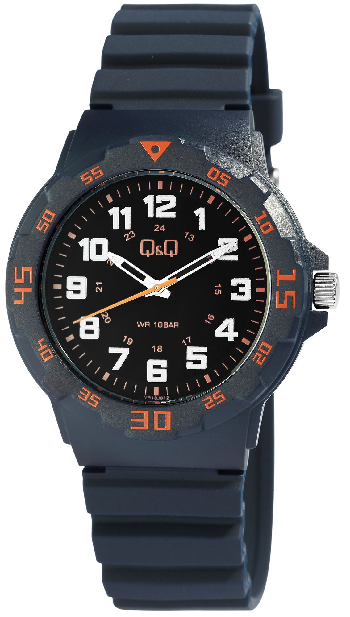 Q&Q Herrenuhr mit Silikonarmband, Ø 43 mm, blau/ orange Details