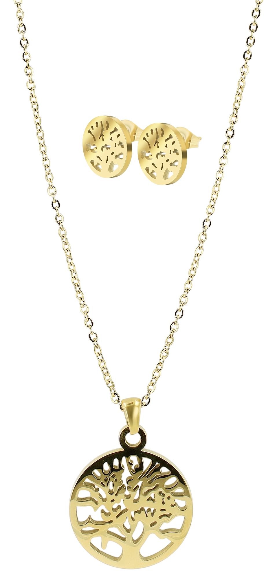"Lanai", Akzent Edelstahl Lebensbaum-Schmuckset, Kette & Ohrstecker, goldfarben