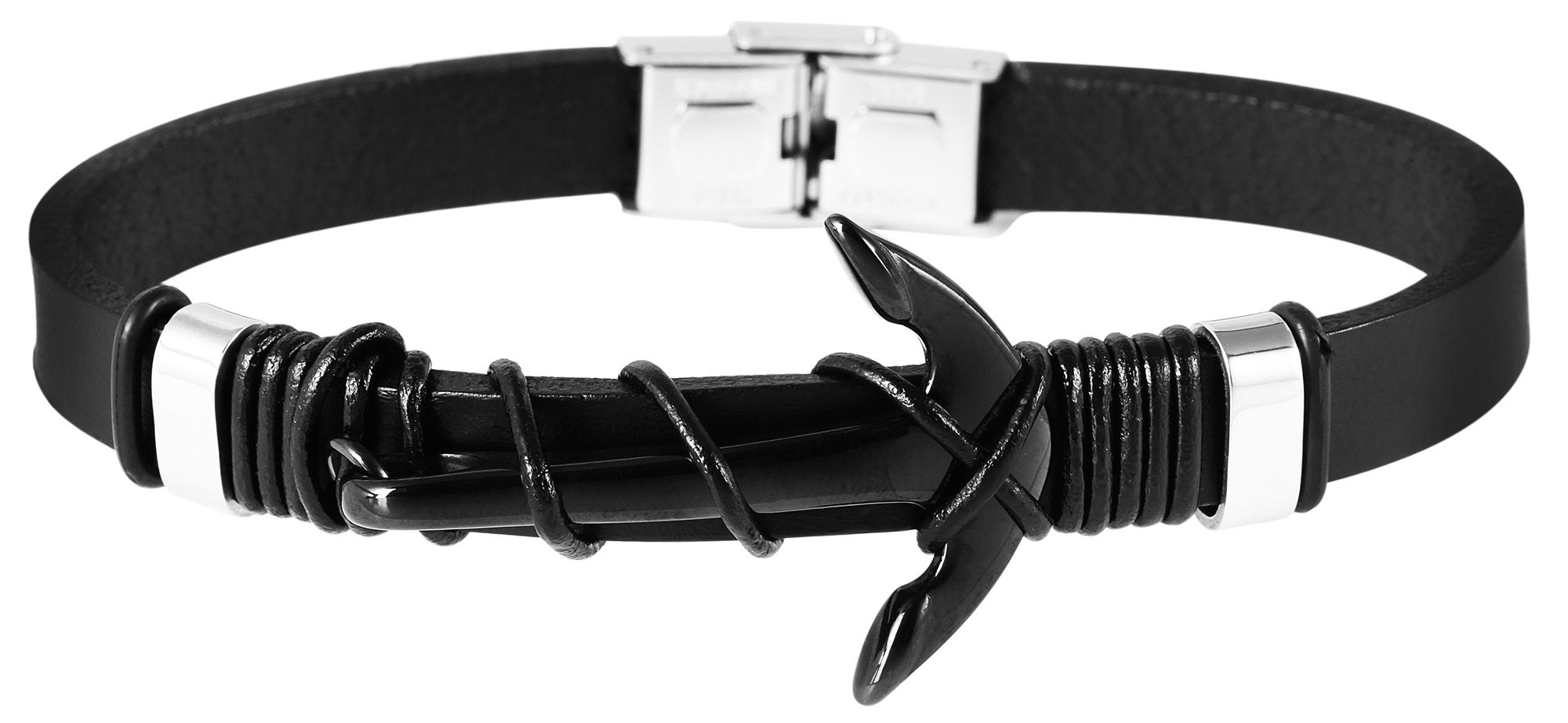Akzent Echtlederarmband mit Edelstahlelement Anker, schwarz