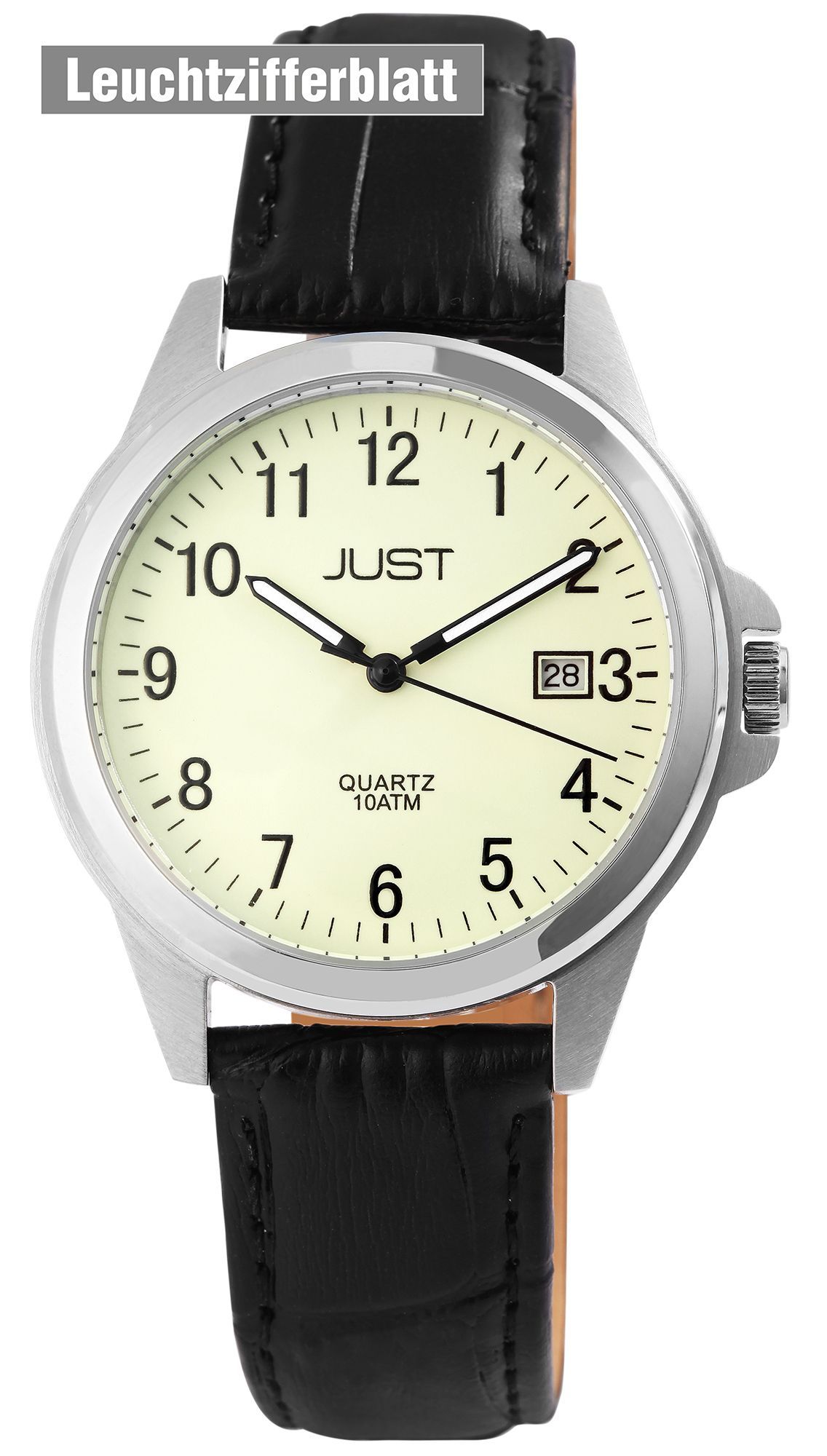 Just Echtleder Herrenarmbanduhr, 3-Zeiger, Datumsanzeige, schwarz/silberfarbig