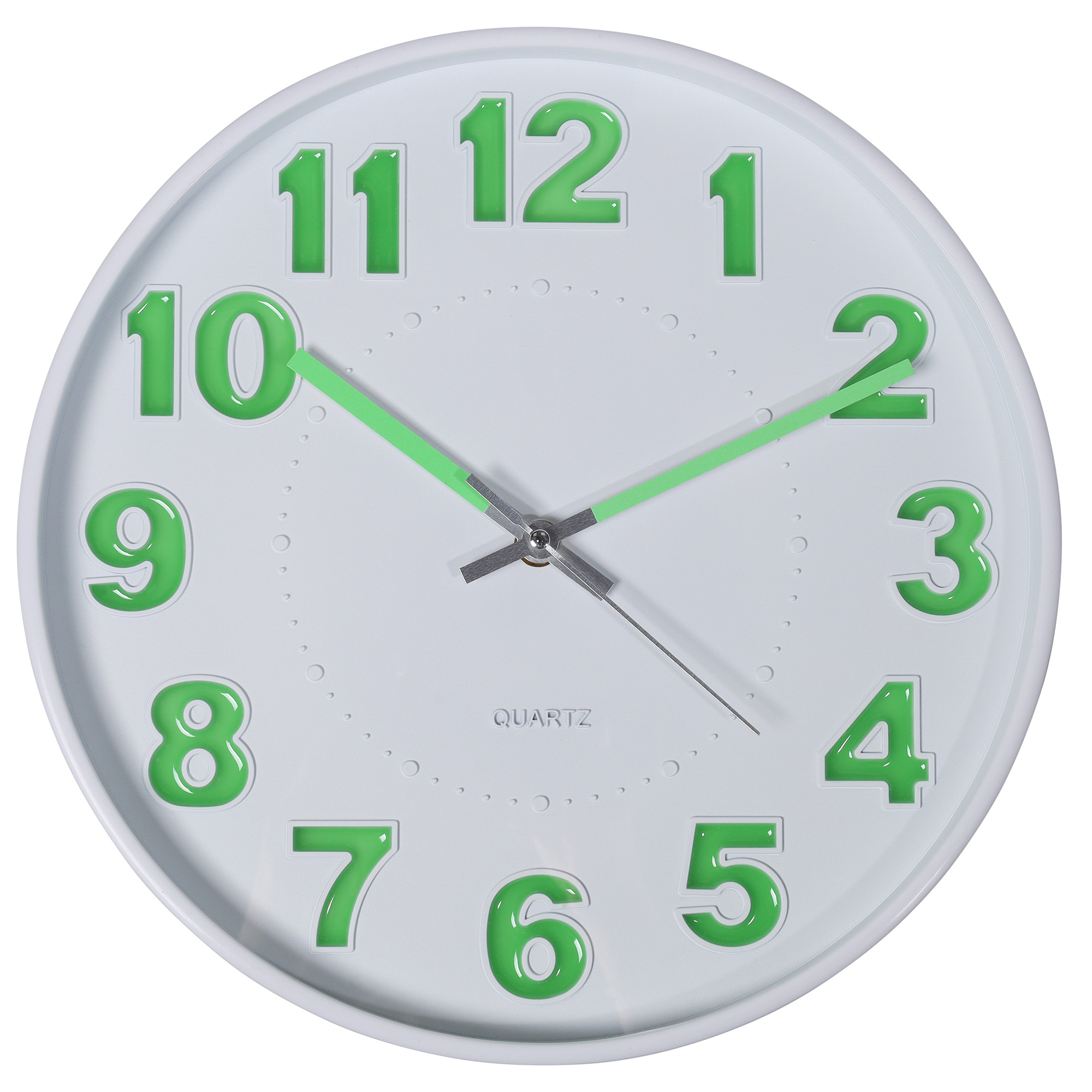 Moderne Wanduhr Ø 30,5 cm mit Leuchteffekt, weiß/ (neongrün)