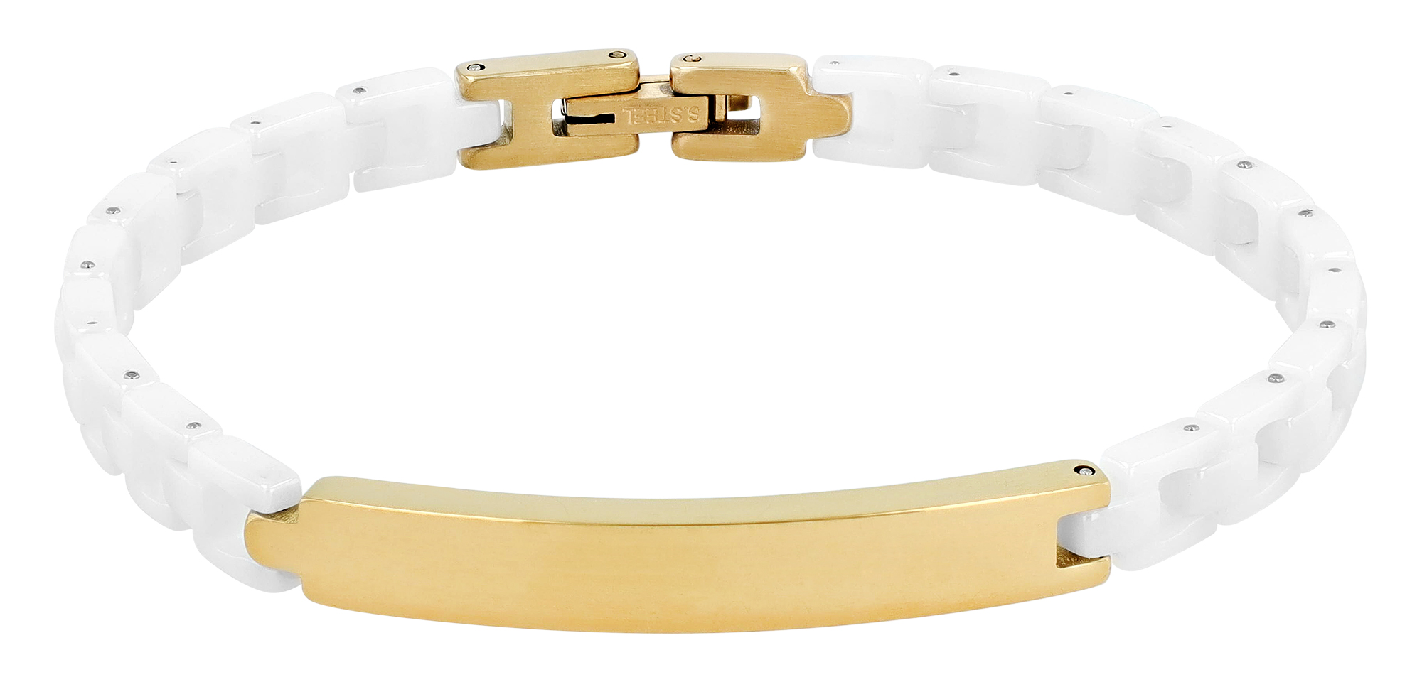 "Seoa" Edelstahl-Keramik ID-Armband, 18cm, Gravurplatte, weiß/ goldfarben