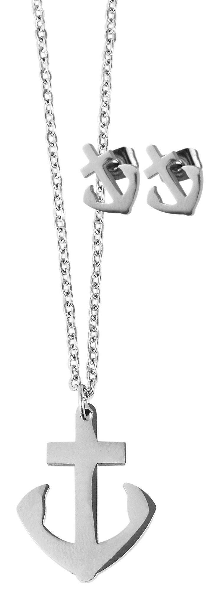 Akzent Edelstahl Schmuckset Anker, Kette mit Anhänger und Ohrringe, silberfarbig