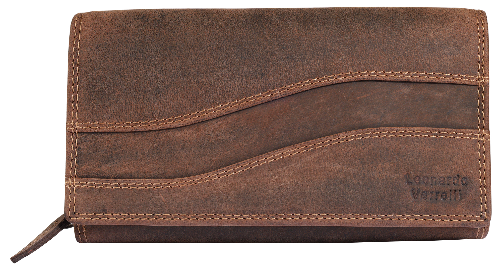 Leonardo Verrelli, Echtleder (Vintage) Damen Geldbörse, länglich & RFID, dunkelbraun