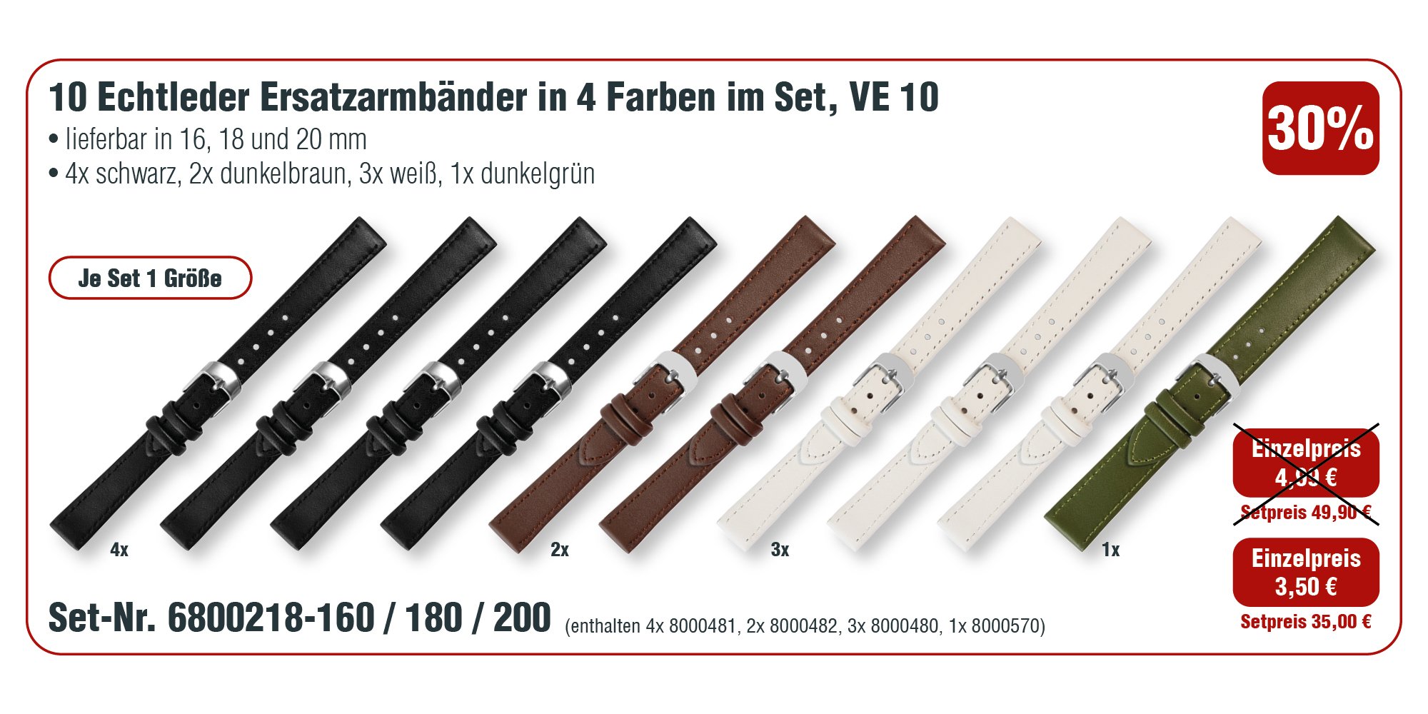 10  Echt Leder Ersatzuhrenarmbänder in 4 Farben im Set, VE 10