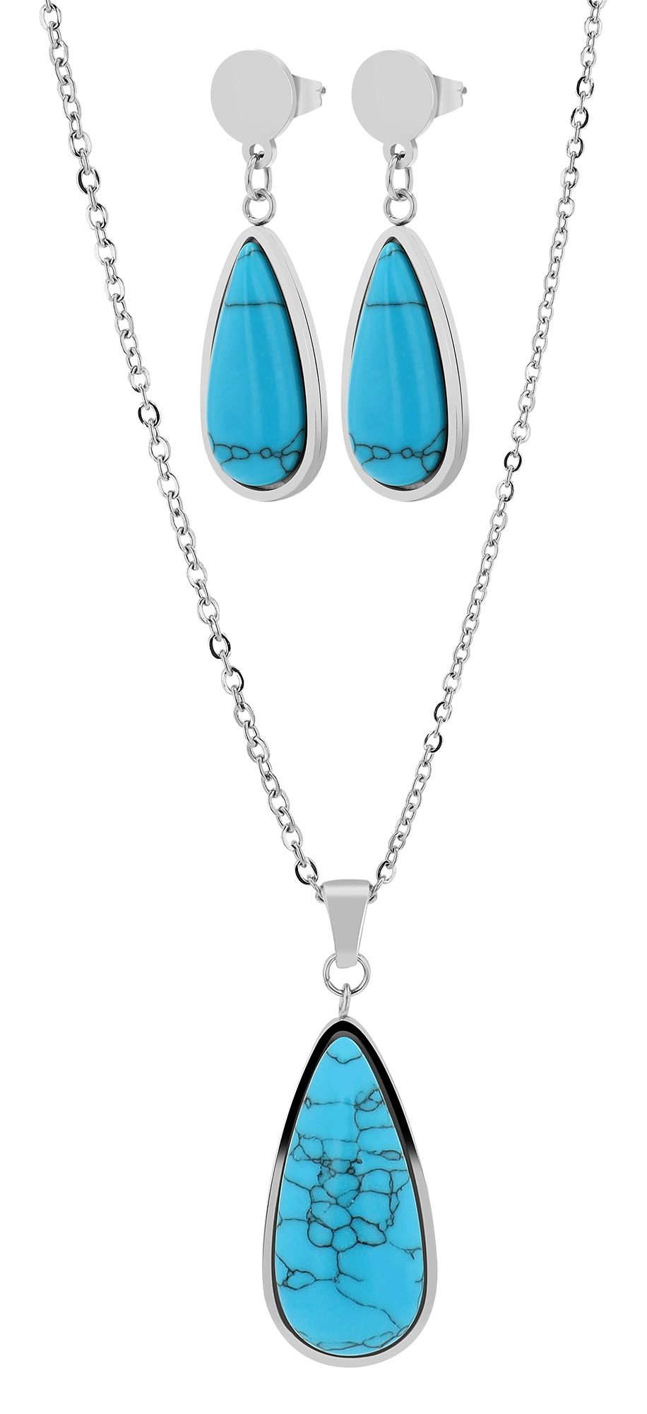 "Mali", Akzent Edelstahl Schmuckset mit Türkis, Halskette und Ohrhänger, silberfarben