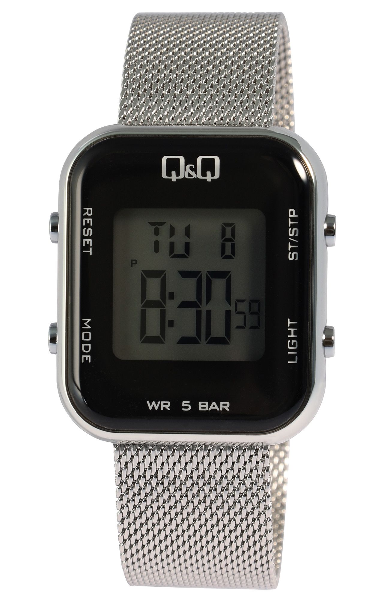 Q&Q Digitaluhr für Damen mit Meshband, Dual Time, 5 ATM, silberfarbig