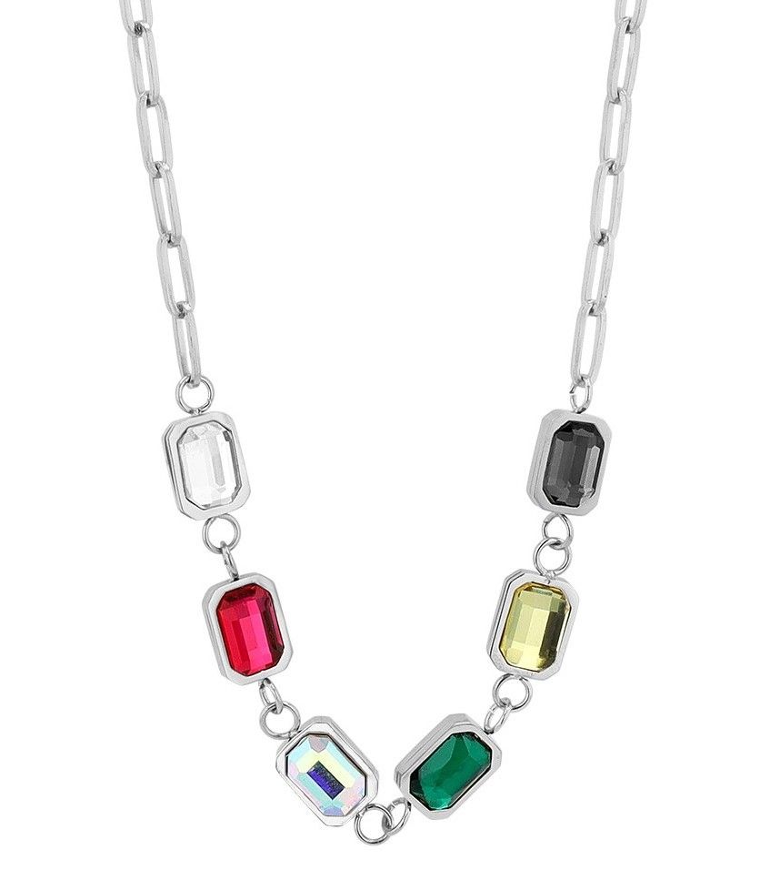 "Defne" Edelstahlkette mit Anhänger, bunten Zirkonia Steinen, 44+5cm, silberfarben und goldfarben