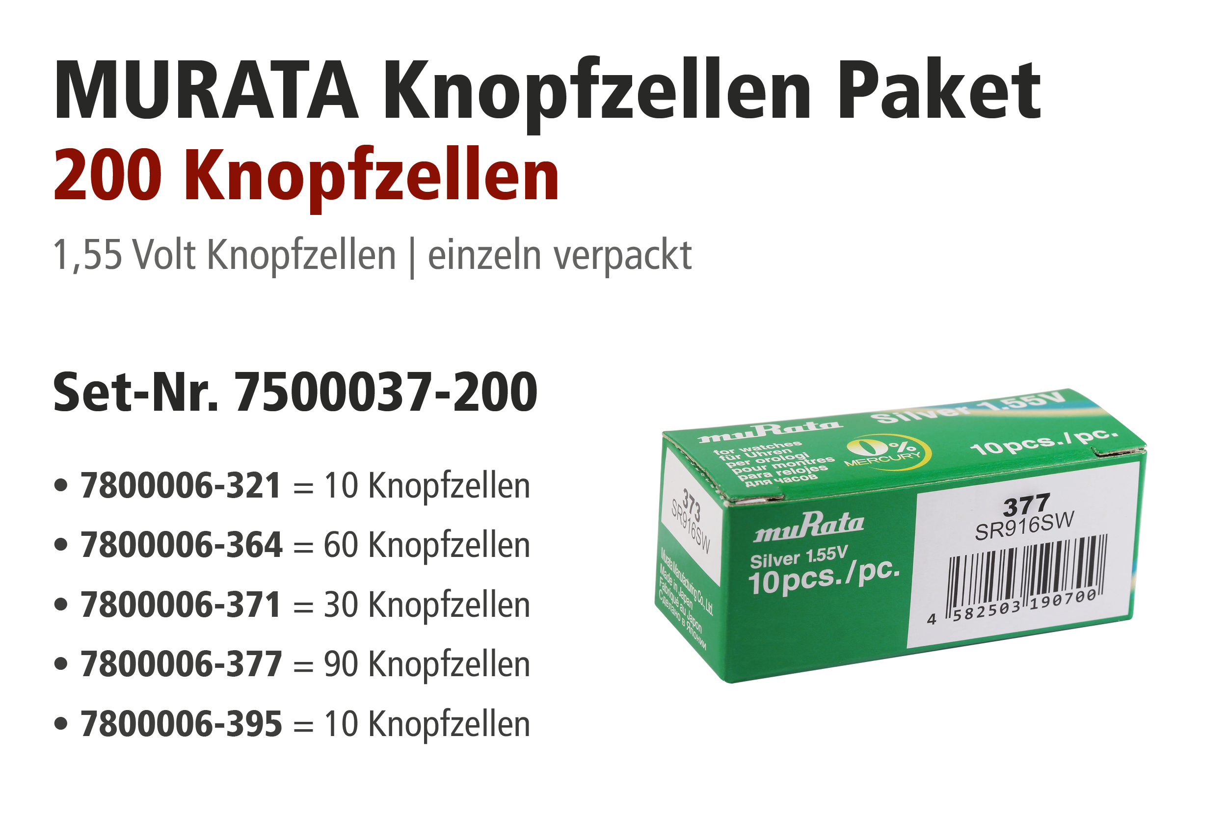 MURATA Aktionspakete, 200 Batterien,  321, 364, 371, 377, 395 sortiert