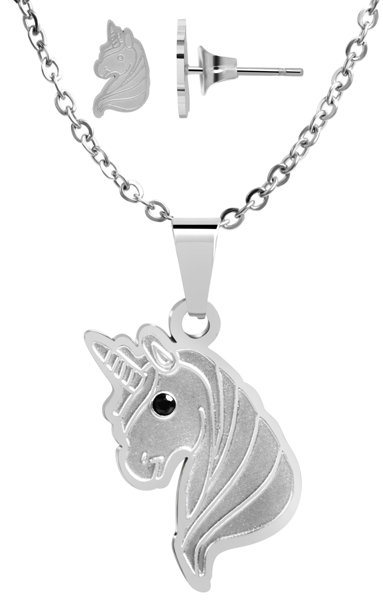 "Daffy" Edelstahl Schmuckset - Kette und Ohrstecker, Einhorn, silberfarben