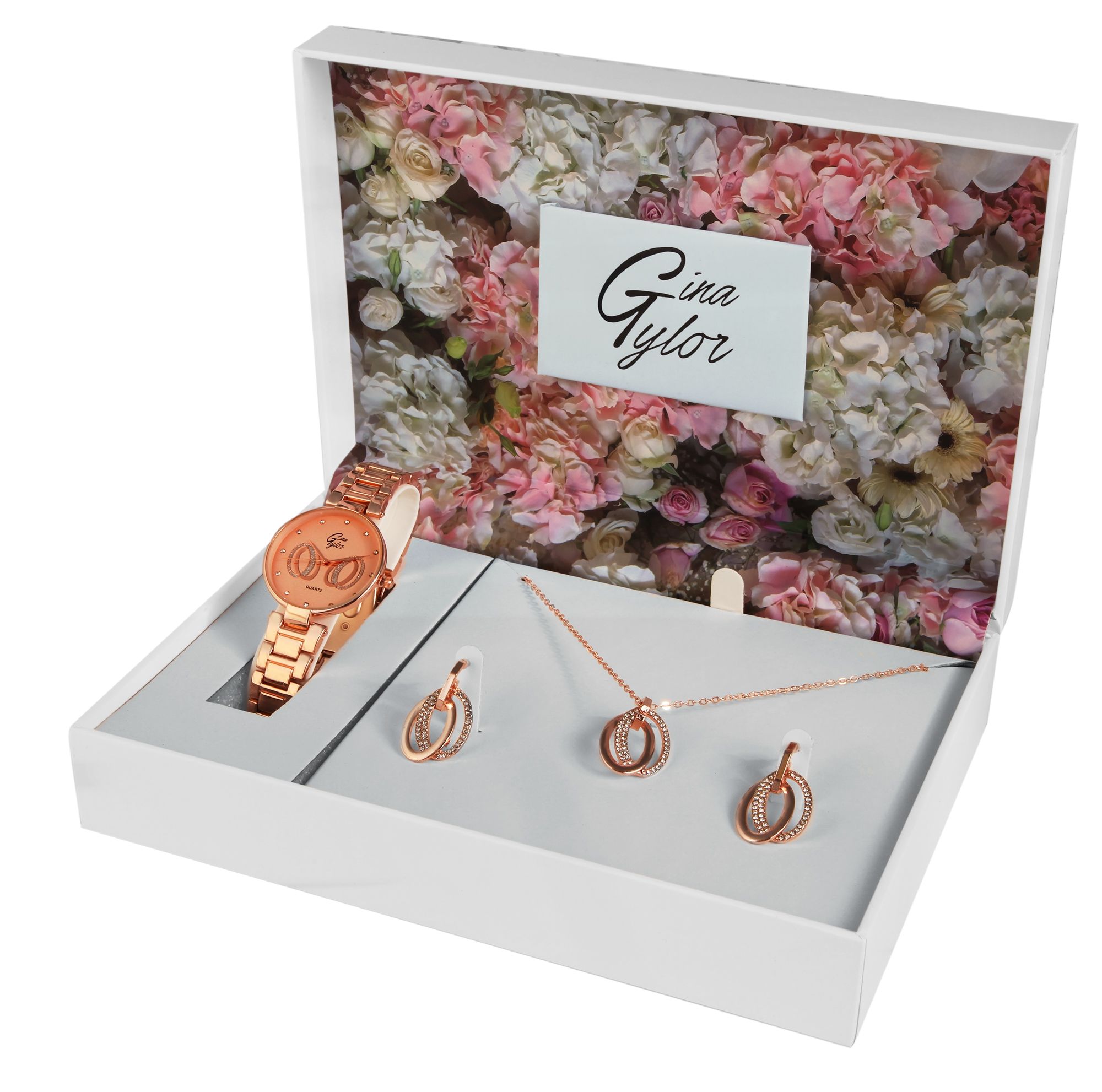 Gina Tylor Geschenkset mit Metallarmbanduhr und Schmukset aus Kette und Ohrringen