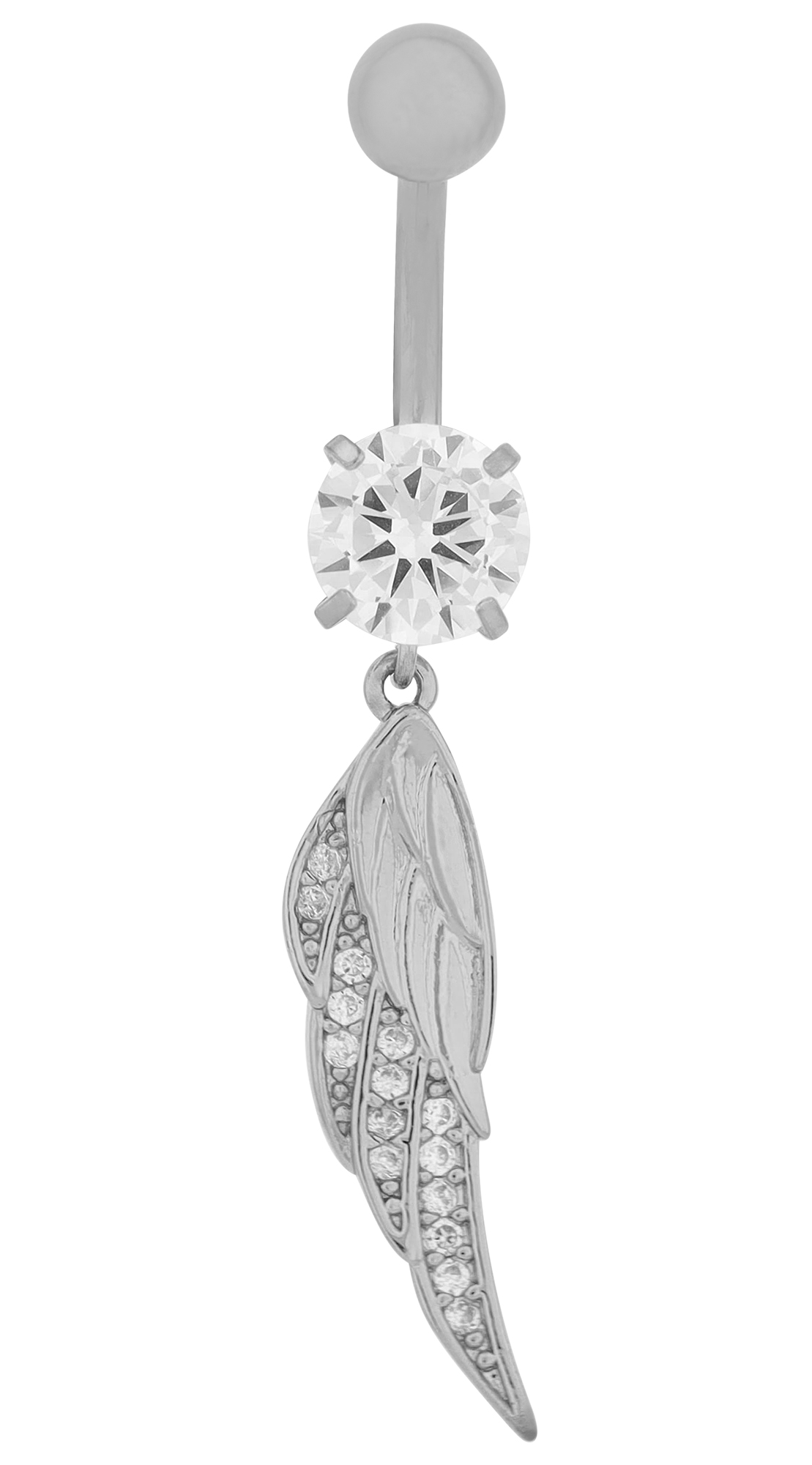 "Elane" Edelstahl-Bronze Bauchnabelpiercing, Stablänge 11 mm/ Stabstärke 2 mm, Flügel, Zirkonia, silberfarben