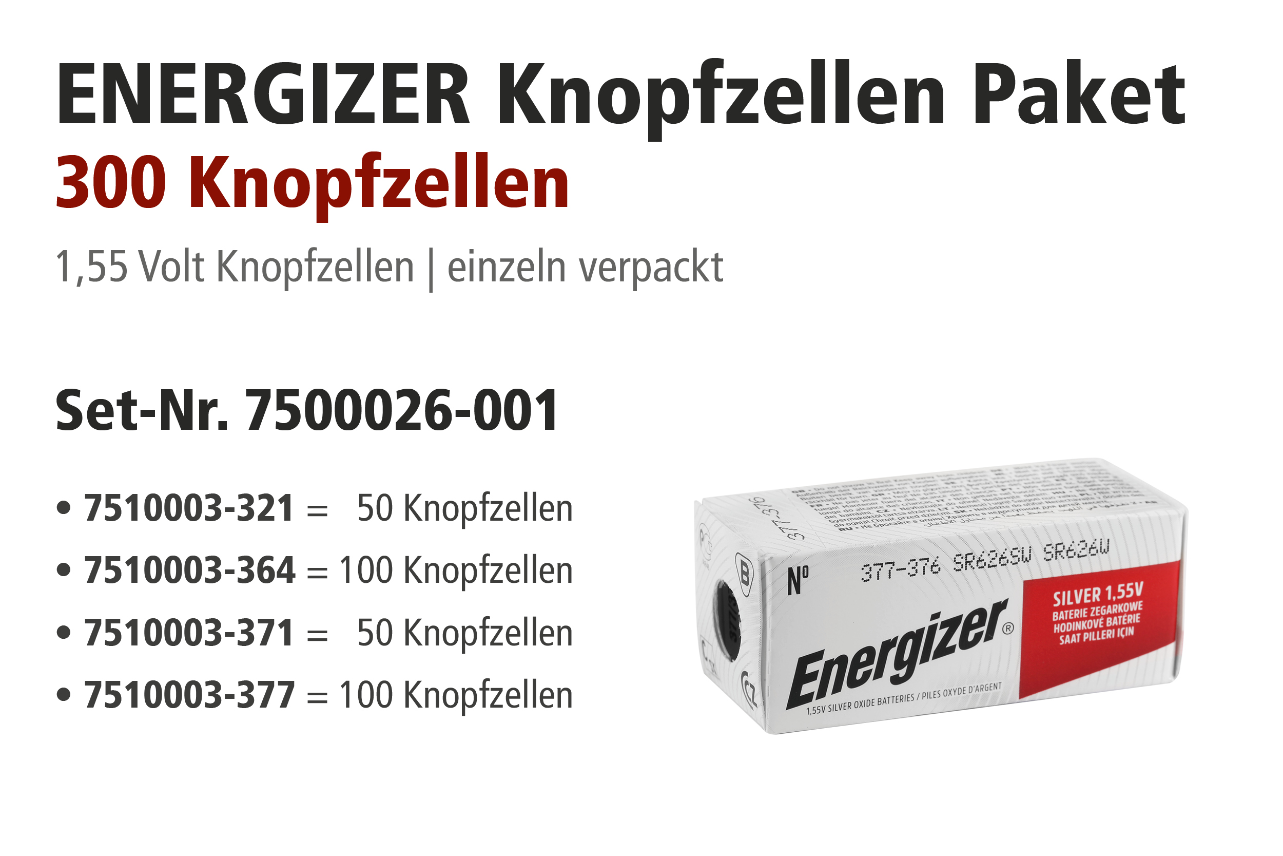 Energizer Knopfzellen Paket mit 300 Knopfzellen sortiert (321, 364, 371, 377)