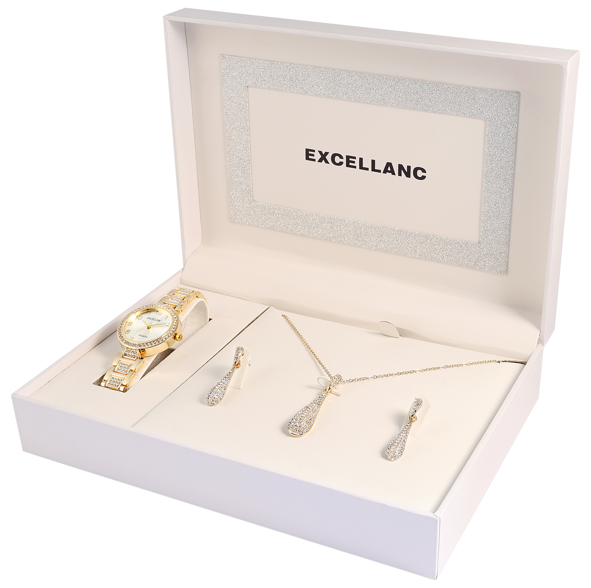 Excellanc Geschenkset mit Damenuhr, Halskette und Ohrringen, goldfarben