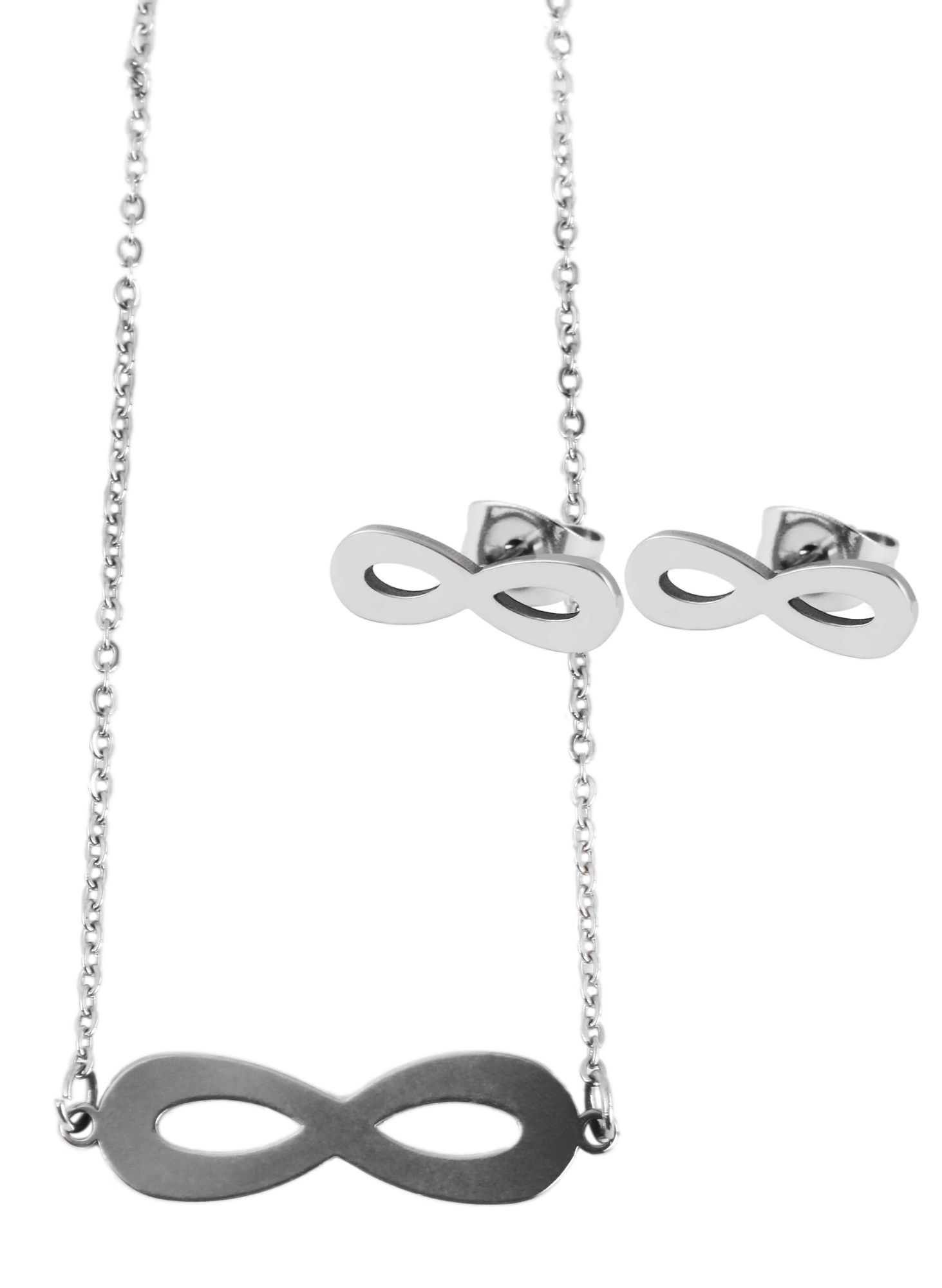 Akzent Edelstahl Schmuckset Unendlichkeitszeichen (Kette mit Anhänger & Ohrringen), 43+5 cm, silberfarbig