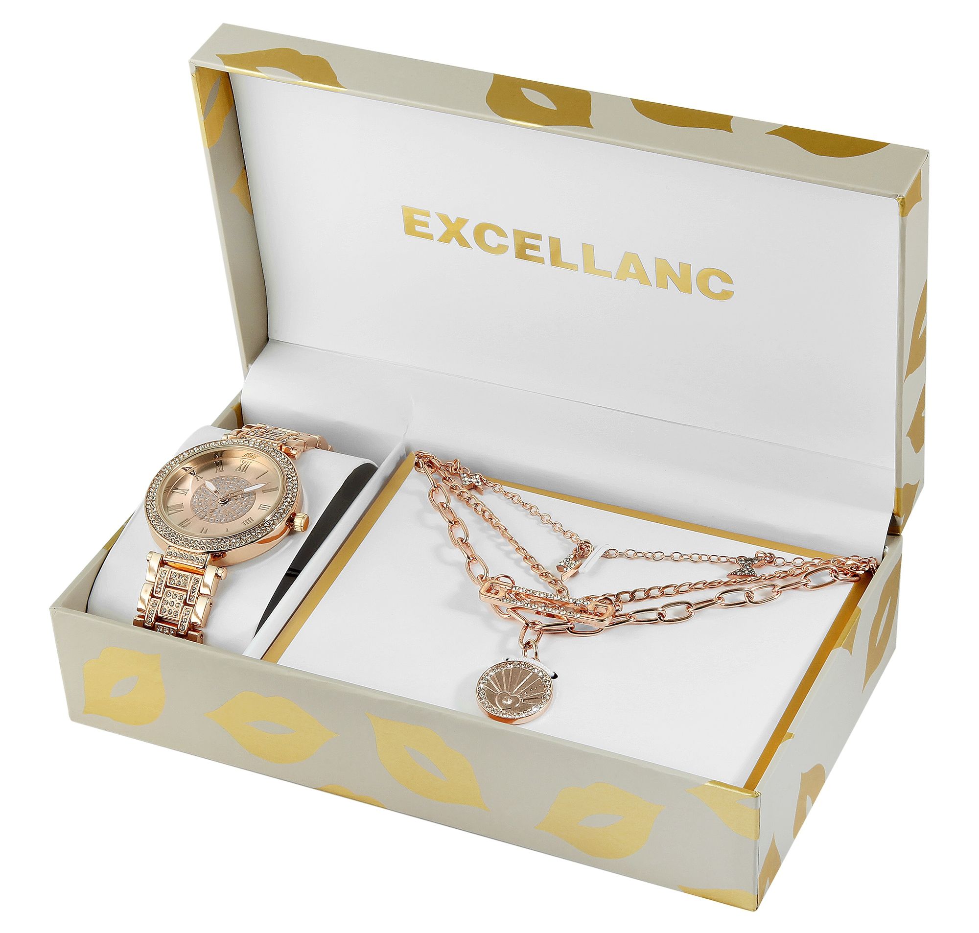 Excellanc Geschenkset mit Damenarmbanduhr und drei Ketten, Similibesatz, roségoldfarben