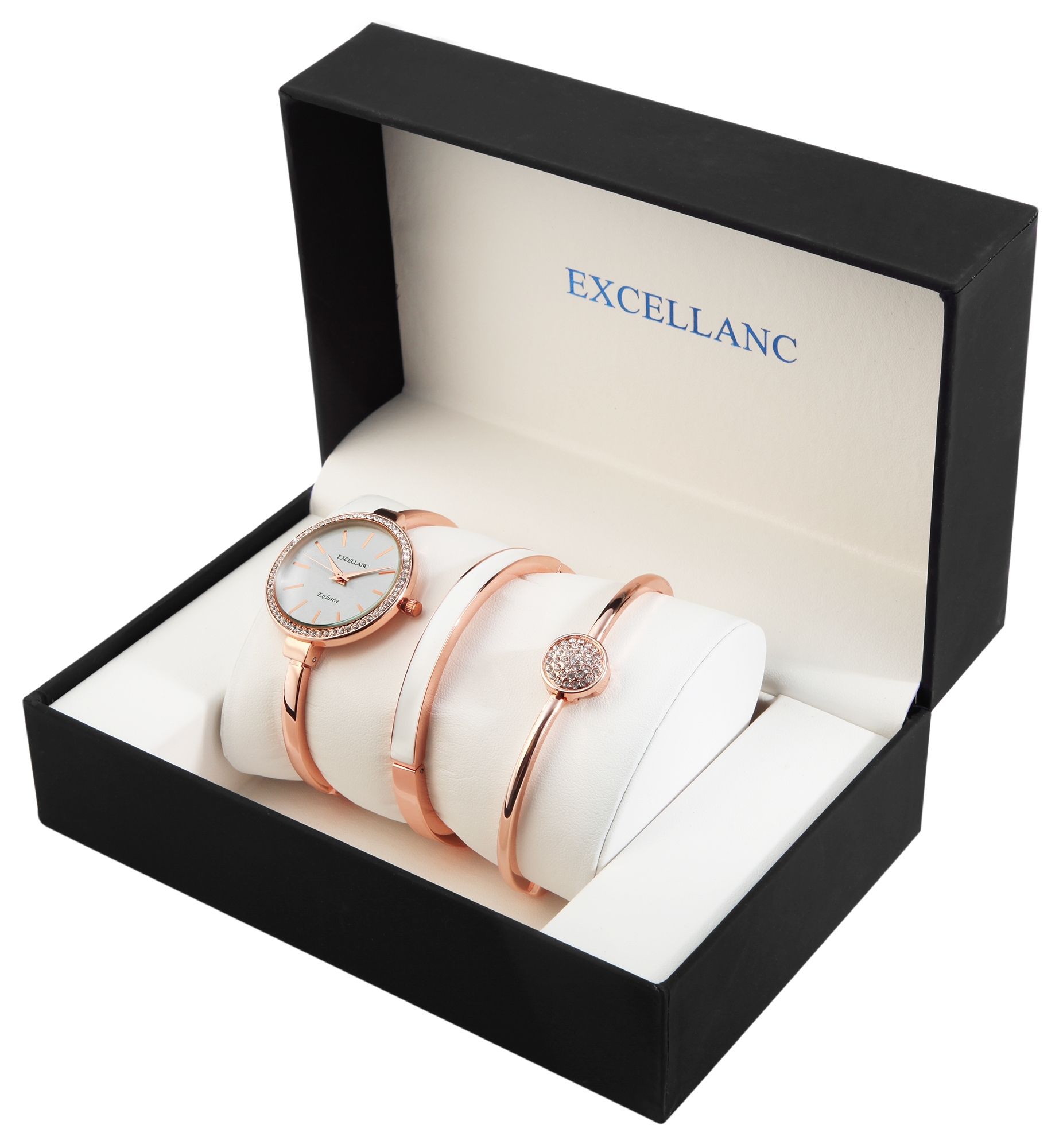 Excellanc Damengeschenkset mit Armbanduhr und zwei Armreifen, roségoldfarben