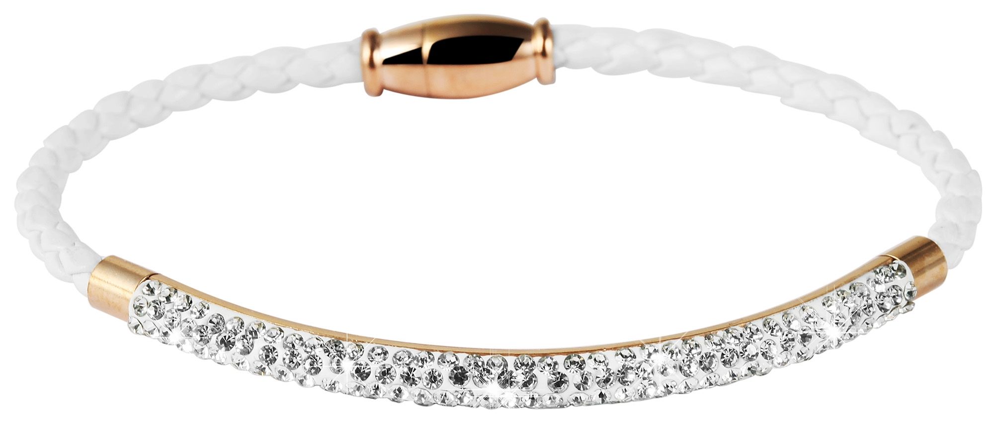 Akzent Armband aus geflochtenem Lederimitat und Edelstahlelementen, Similibesatz, weiß/roségoldfarben