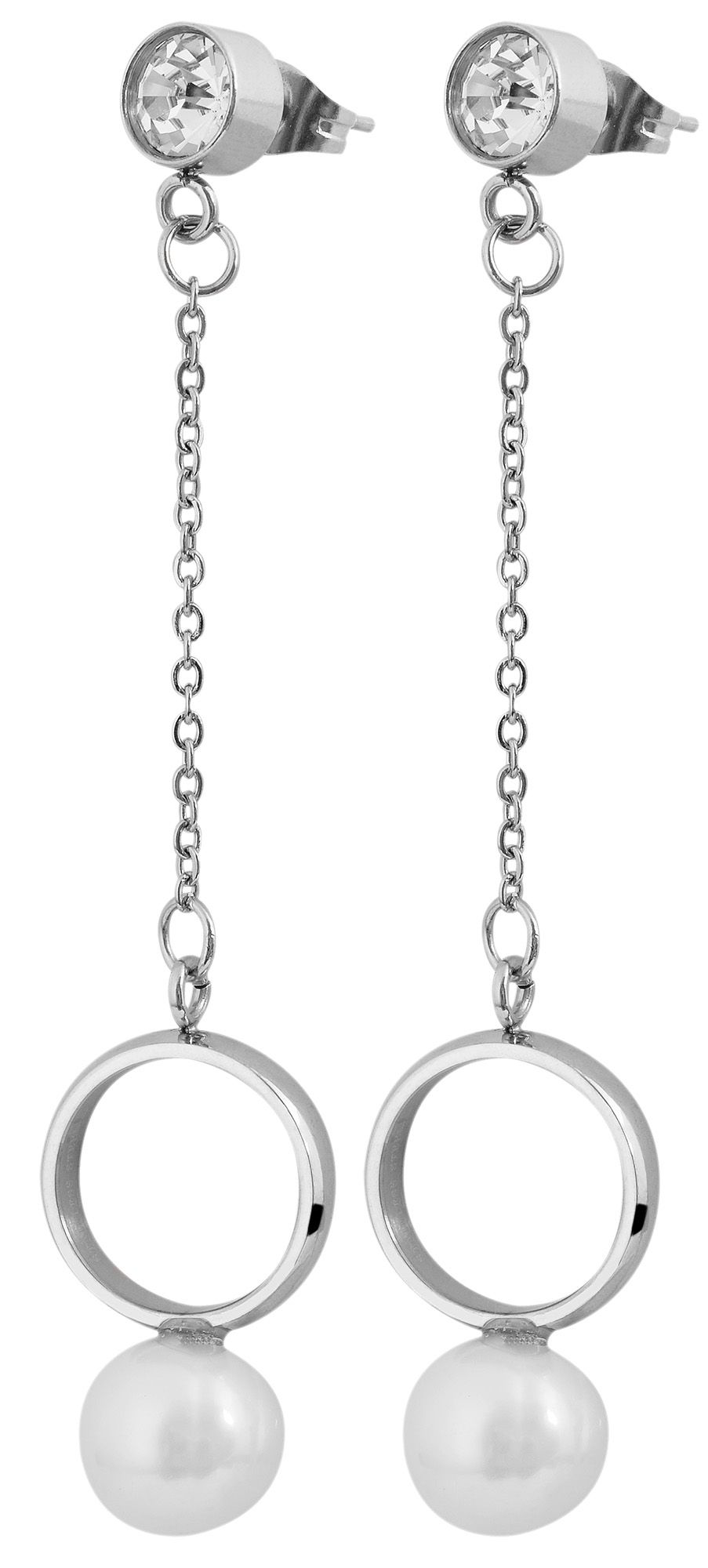 Akzent Edelstahl Ohrring, Perle, Ring, Stein, silberfarbig, Länge: 7 cm / Breite: 1,9 cm / Stärke: 1 cm