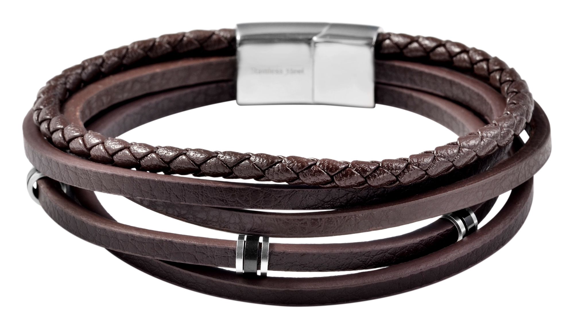 Akzent Armband aus Echtleder, Edelstahlelemente, Länge 21 cm, dunkelbraun