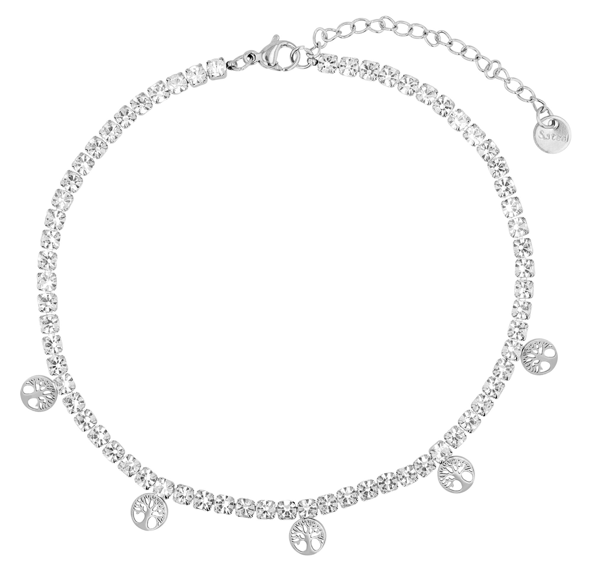 Akzent Tennis-Fußkette "Fidelia", Edelstahl & Simili mit Lebensbaumanhänger, silberfarben