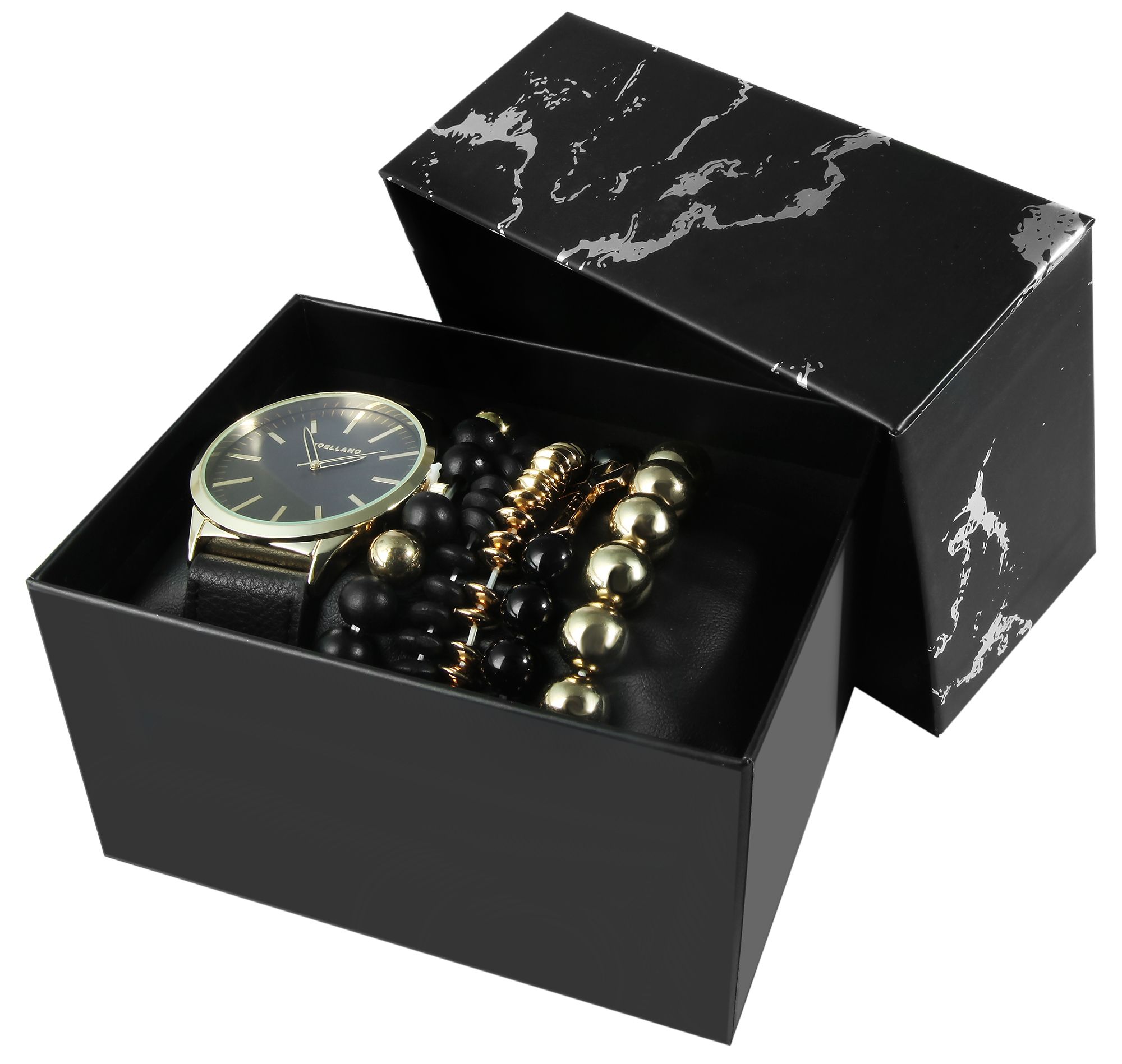 Excellanc Geschenkset mit Herrenarmbanduhr und fünf Armbändern, schwarz/goldfarben