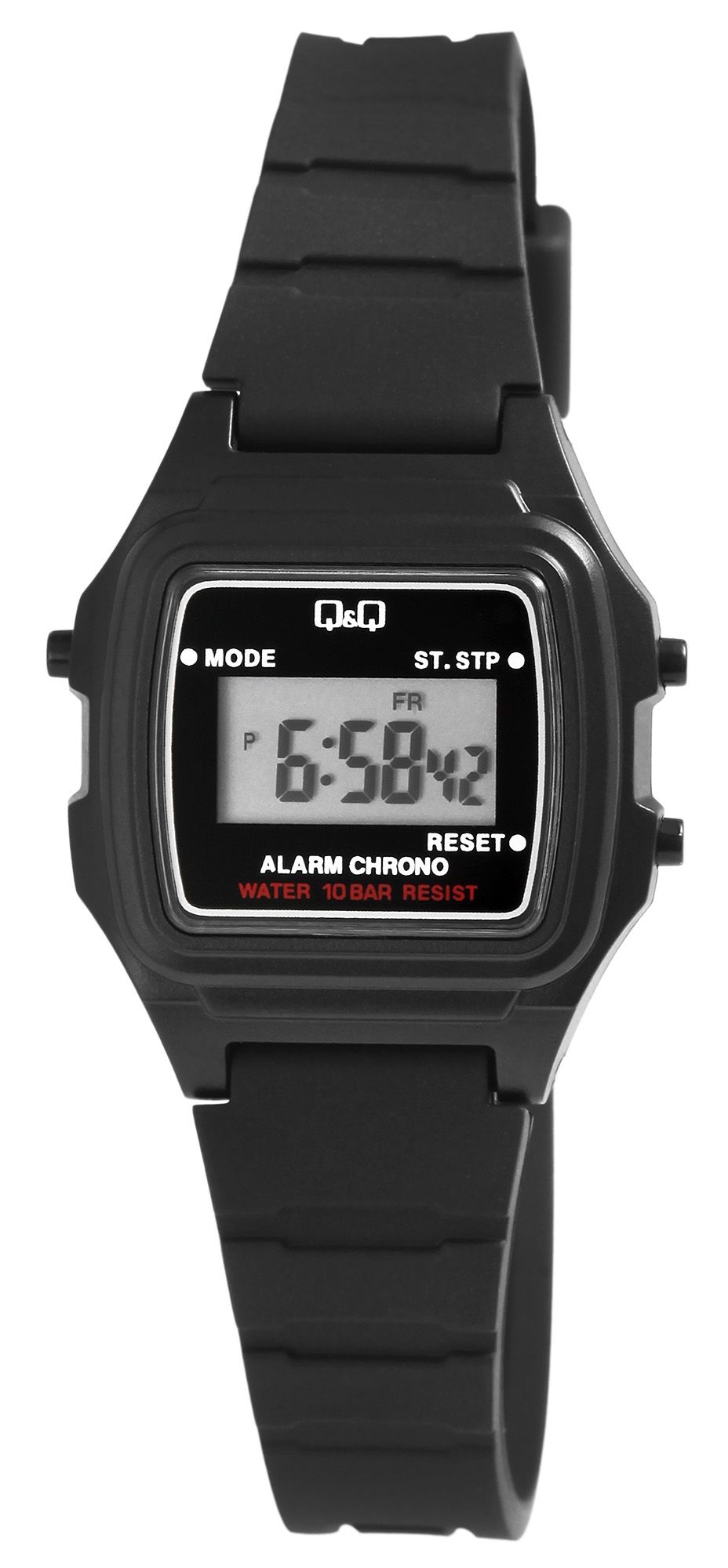 Q&Q Damen Digitaluhr mit Kunststoffarmband in schwarz, 10 Bar wasserdicht