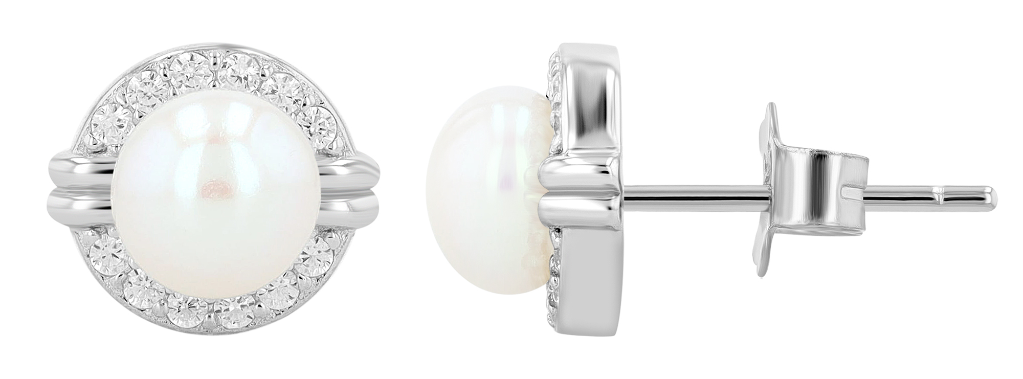 "Laru", 925/- Echt Silber Ohrstecker mit Süßwasserperle und Zirkonia, rhodiniert