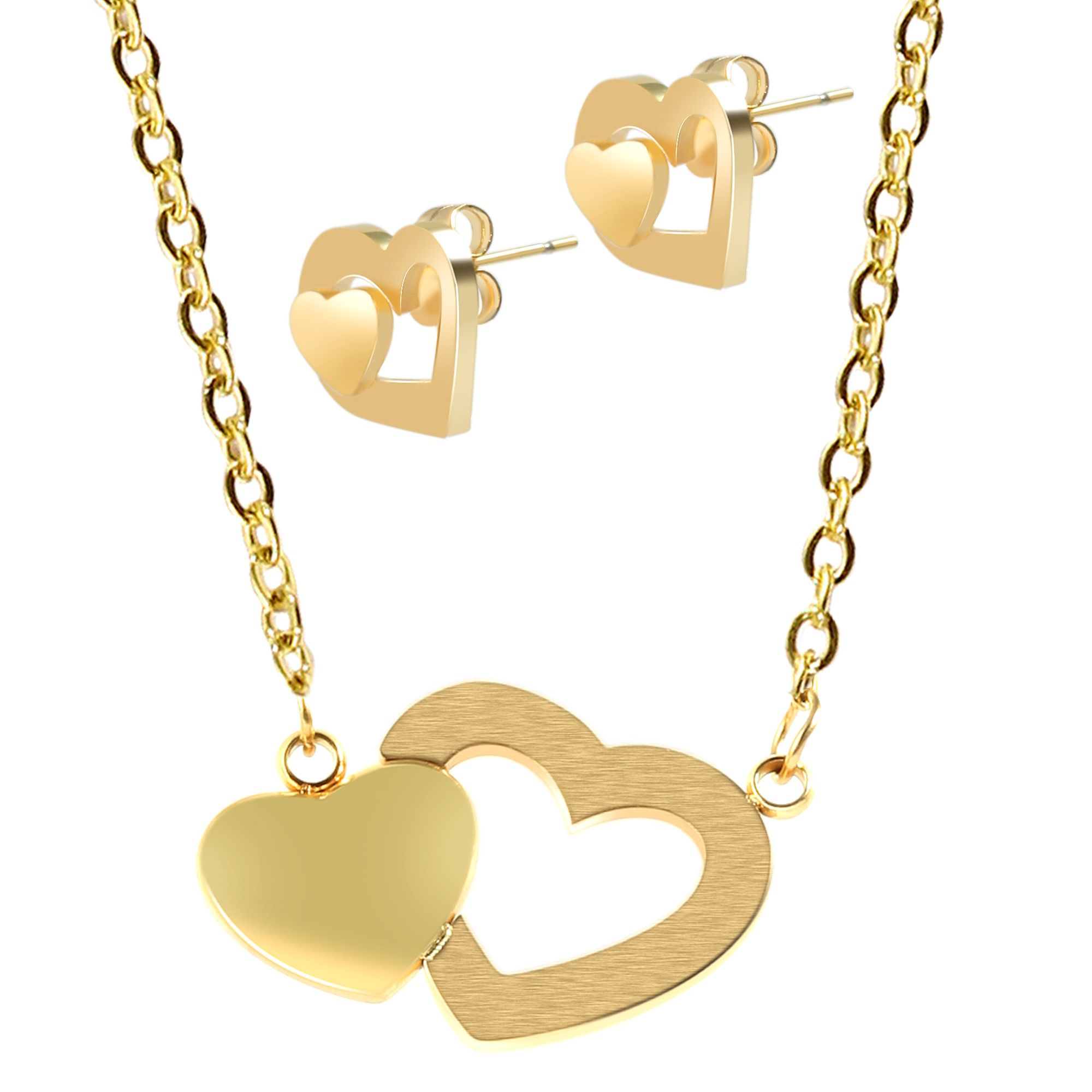 Akzent Schmuckset mit Kette und Ohrstecker, Edelstahl, Herz, goldfarben