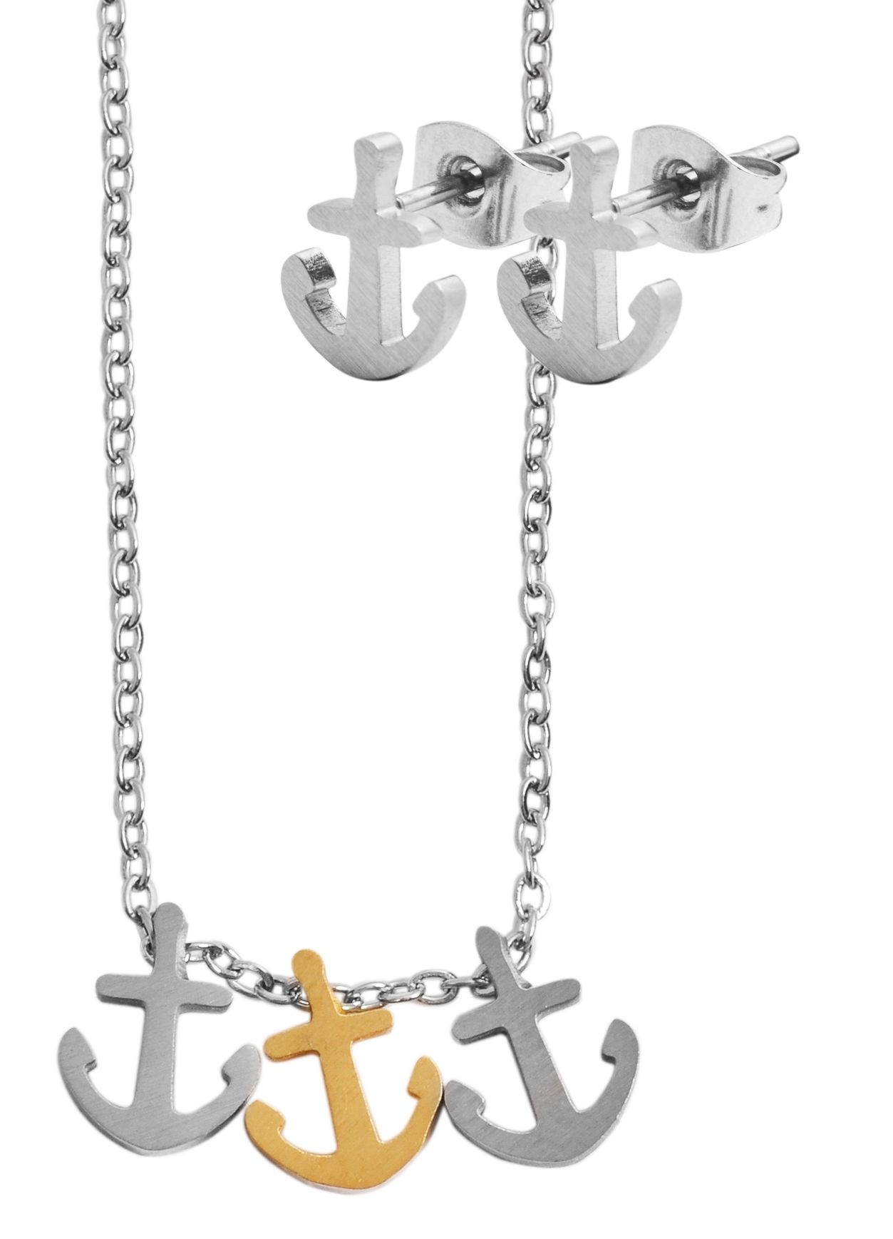 Akzent Edelstahl Schmuckset Kette + Ohrstecker, silber-& goldfarbig