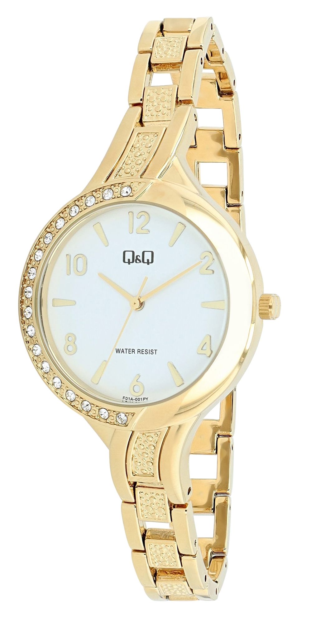 Q&Q Damenuhr, Edelstahlband, Similibesatz, goldfarben, 3 ATM, Ø 34 mm