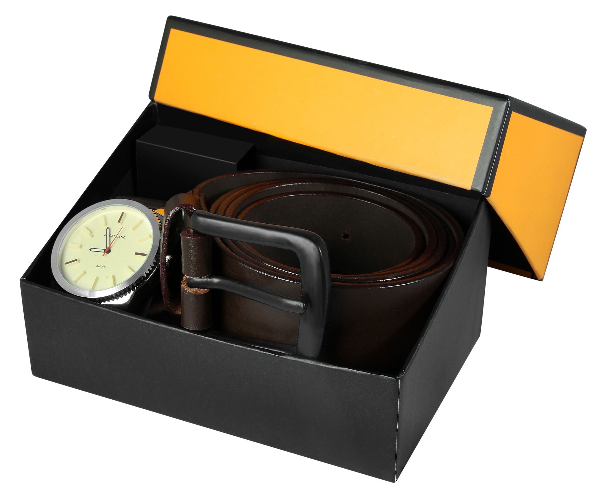 Excellanc Geschenkset mit Herrenarmbanduhr und Echtledergürtel, dunkelbraun/silberfarben