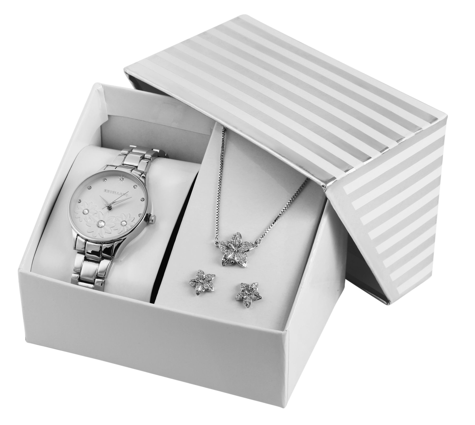 Excellanc Geschenkset mit Damenarmbanduhr, Halskette und Ohrsteckern, silberfarben