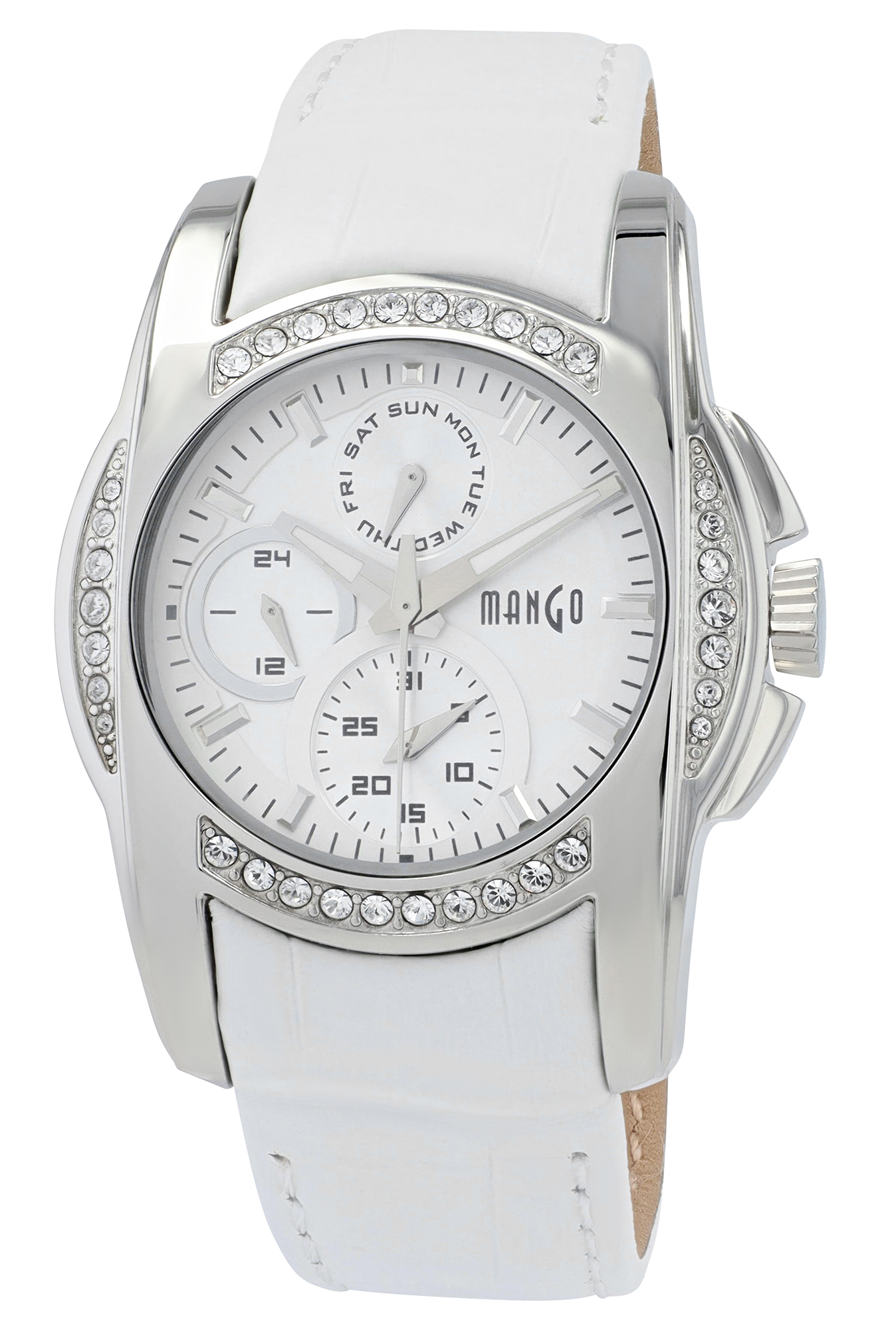 Mango Multifunktion Damenuhr Ø 36 mm, Echtlederband, weiß/ silberfarben