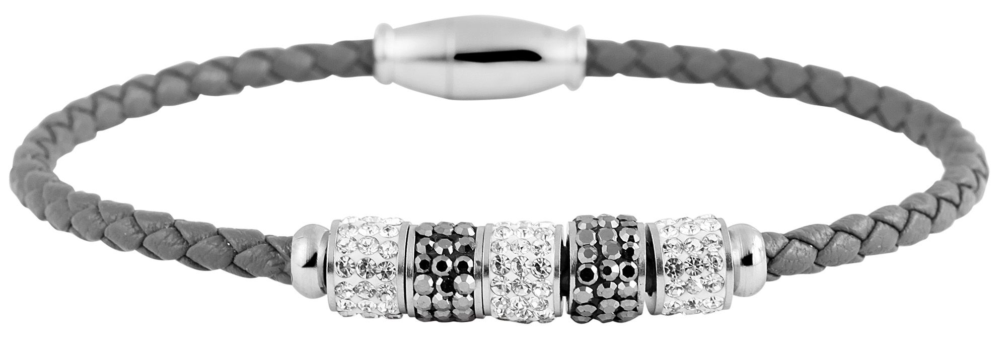 Akzent Armband aus Lederimitat mit Edelstahlelementen und Similibesatz, grau/silberfarben