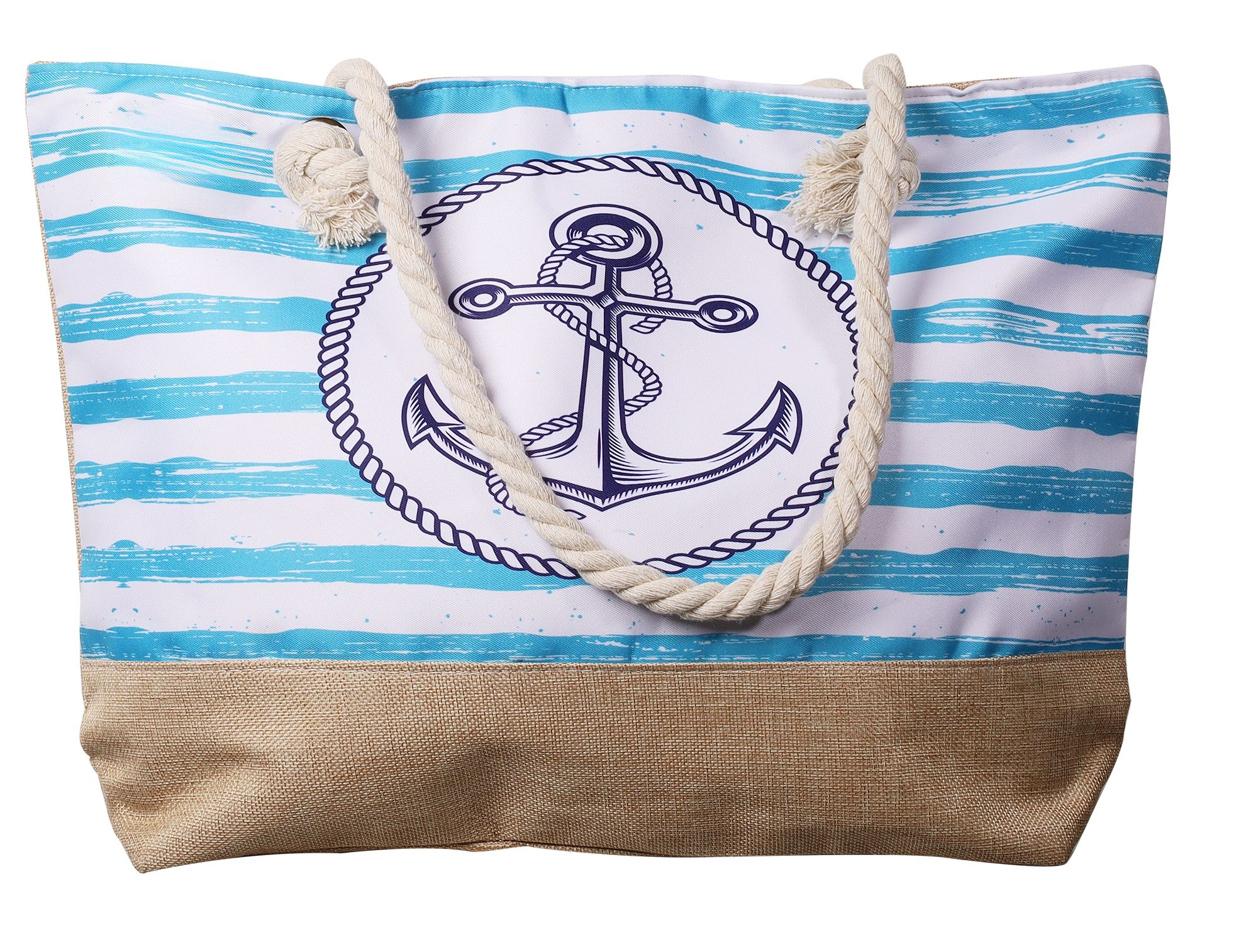 Strandtasche mit maritimen Motiven, hellblau/weiß gestreift