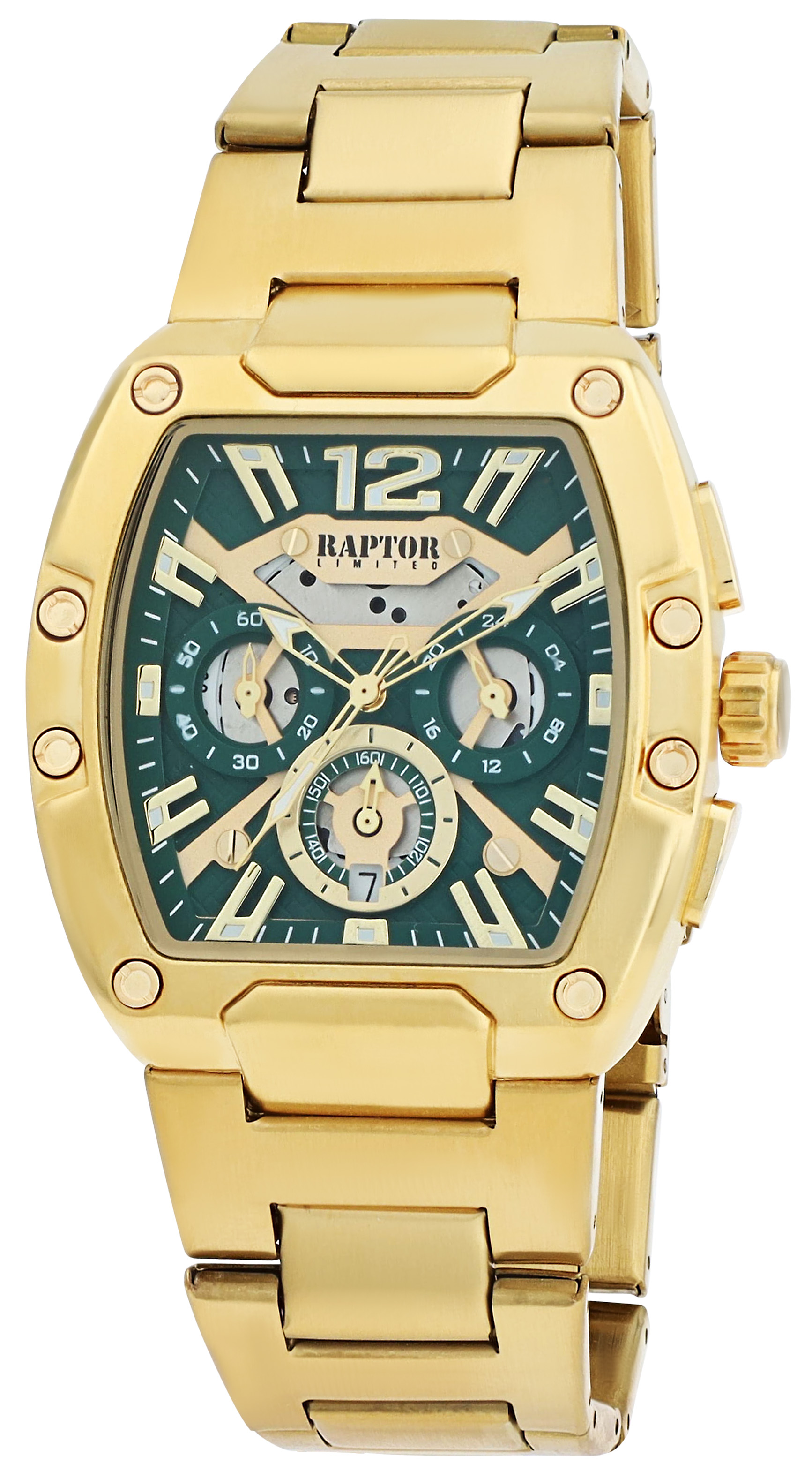 Raptor Limited Herrenuhr "Luxor", Edelstahlarmband, Chronograph, Tonneau, goldfarbe/ grün