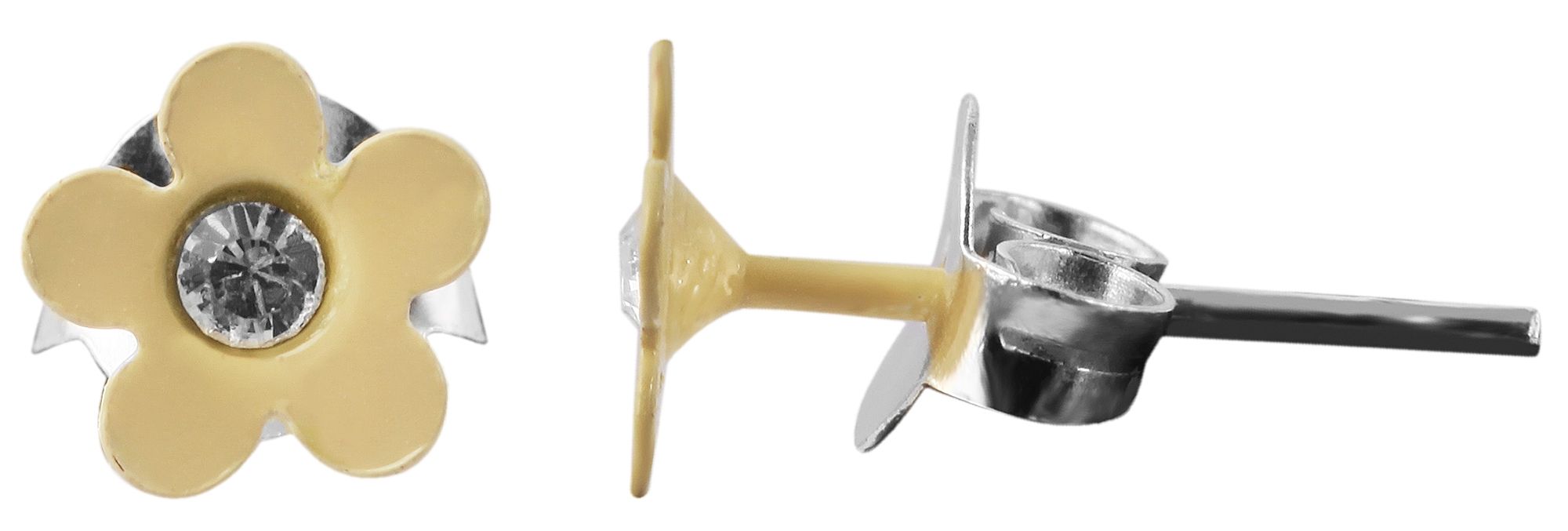 925/- Echt Silber Kinder Ohrstecker "Florette", Blume mit Similistein, creme