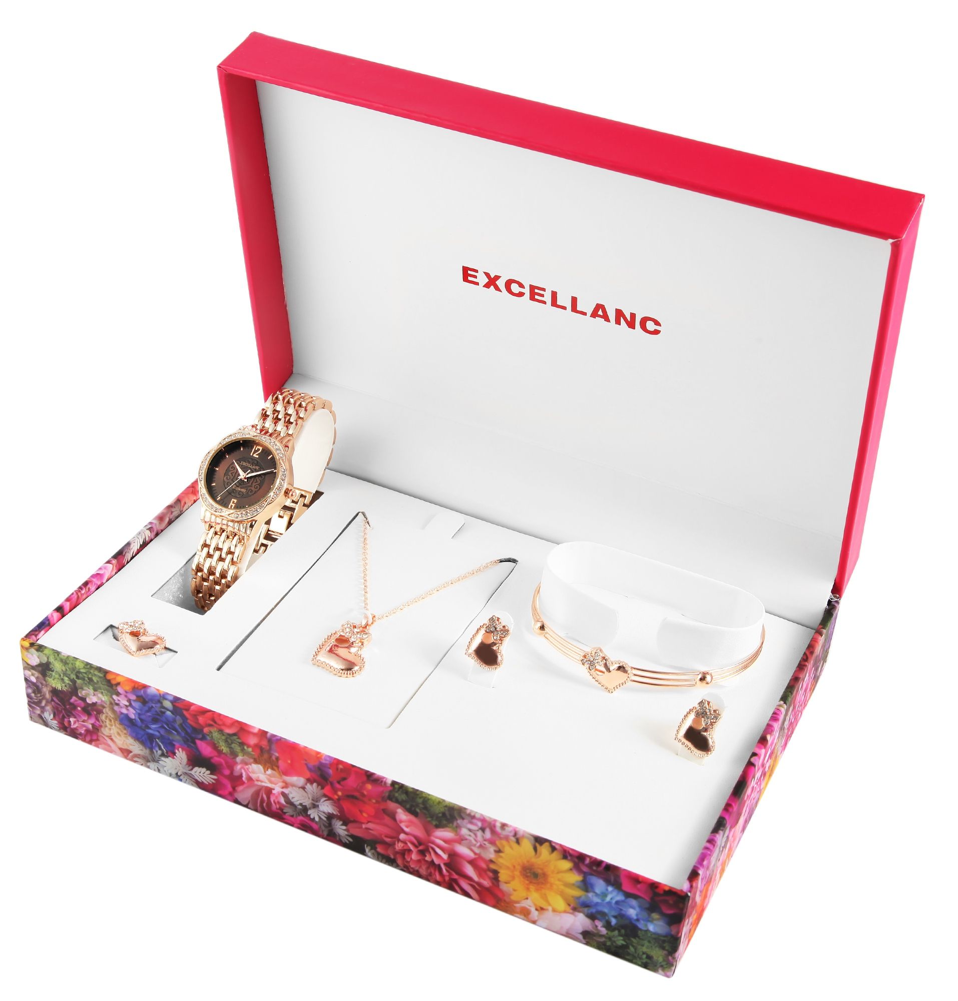 Excellanc Geschenkset mit Damenuhr, Armreif, Halskette, Ohrringen und Ring, roségoldfarben/braun