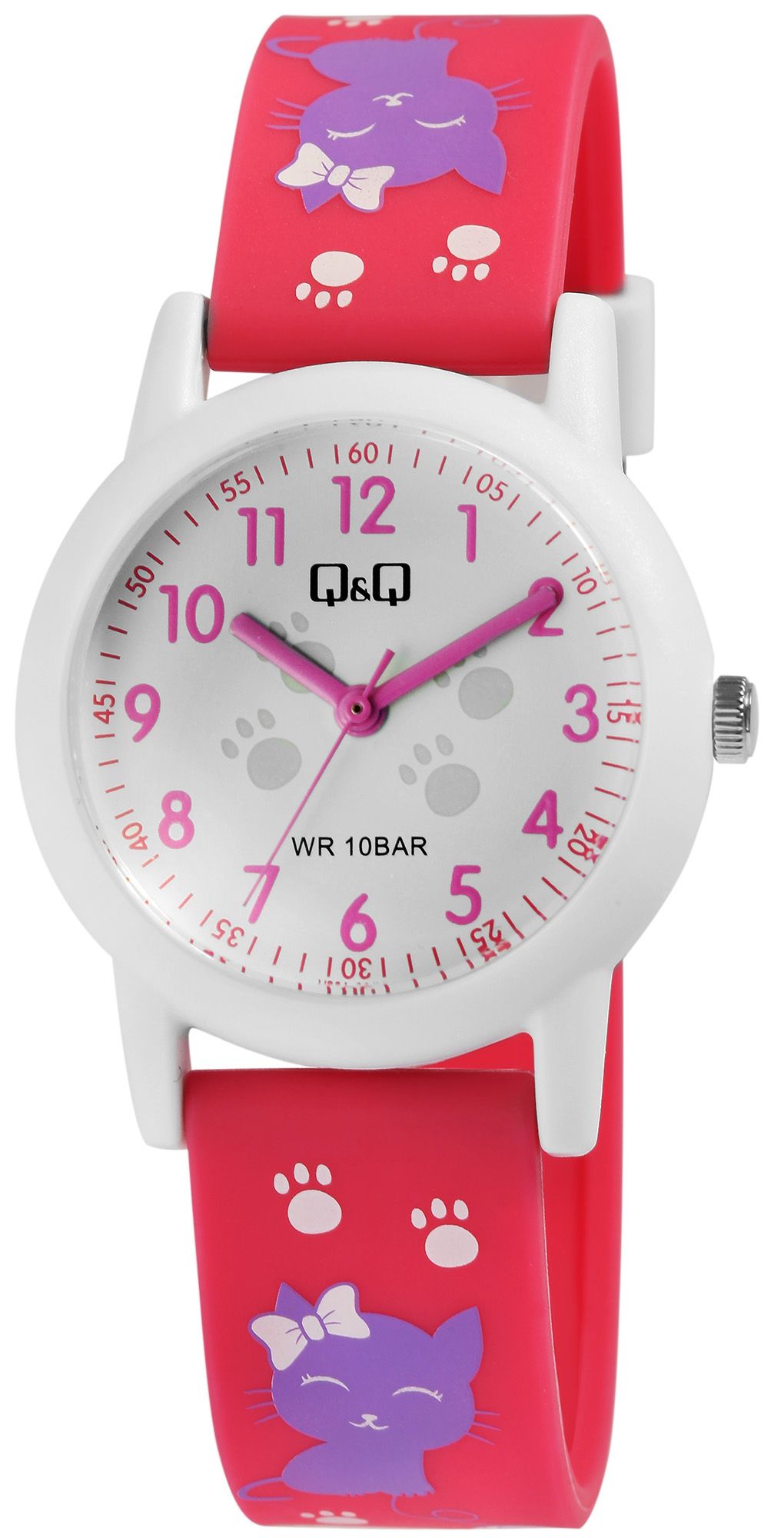 Q&Q Kinderuhr, Kunststoff, Silikonarmband, Katze, 10 ATM, Ø 32 mm