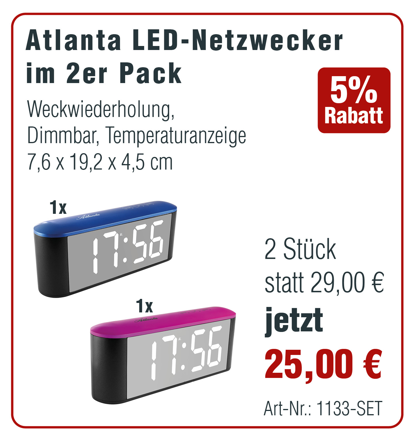 2 Stück Atlanta LED-Netzwecker, 1x grau/blau, 1x grau/pink