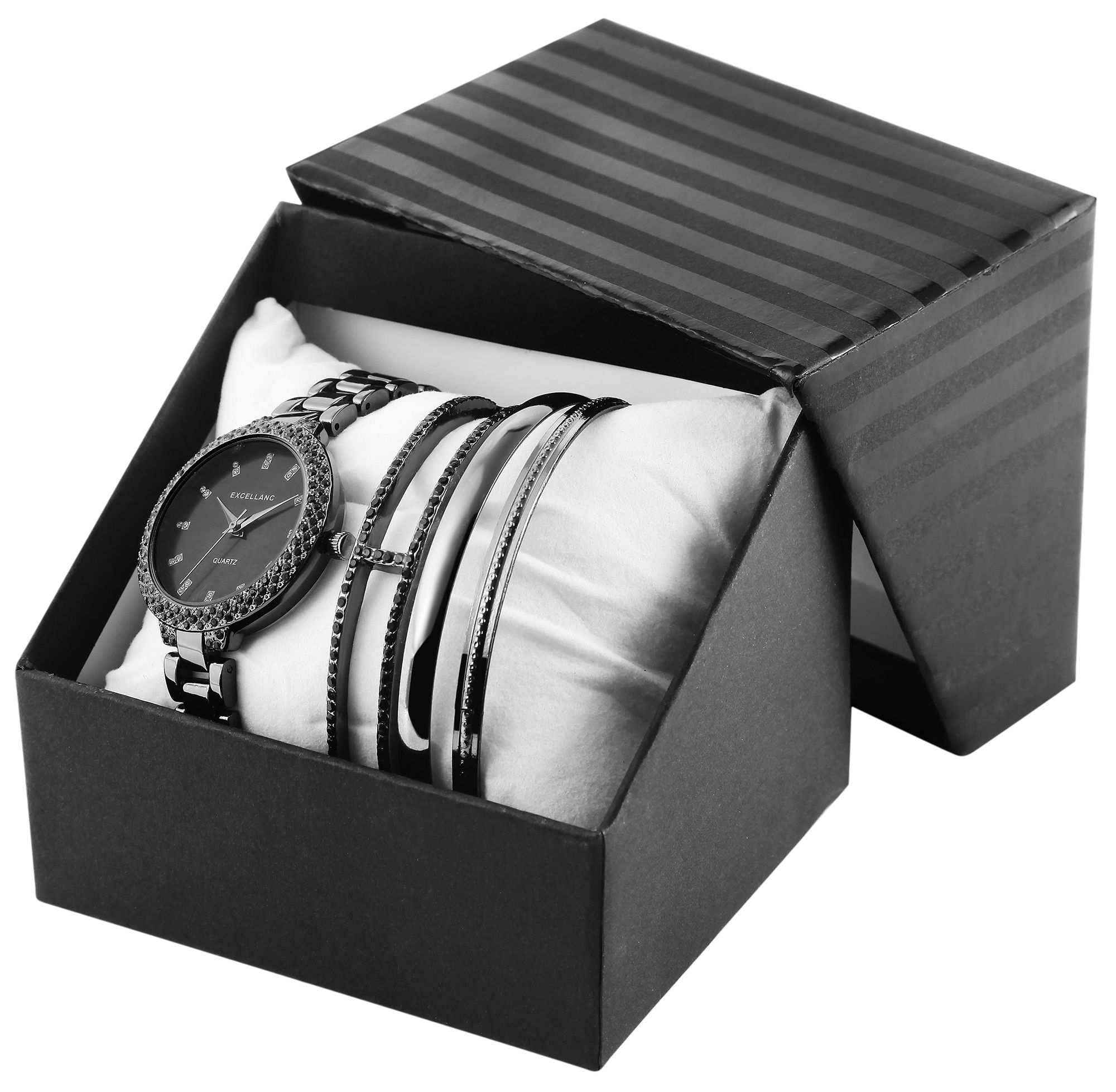 Excellanc Geschenkset für Damen, Uhr, 3 Armreifen, schwarz