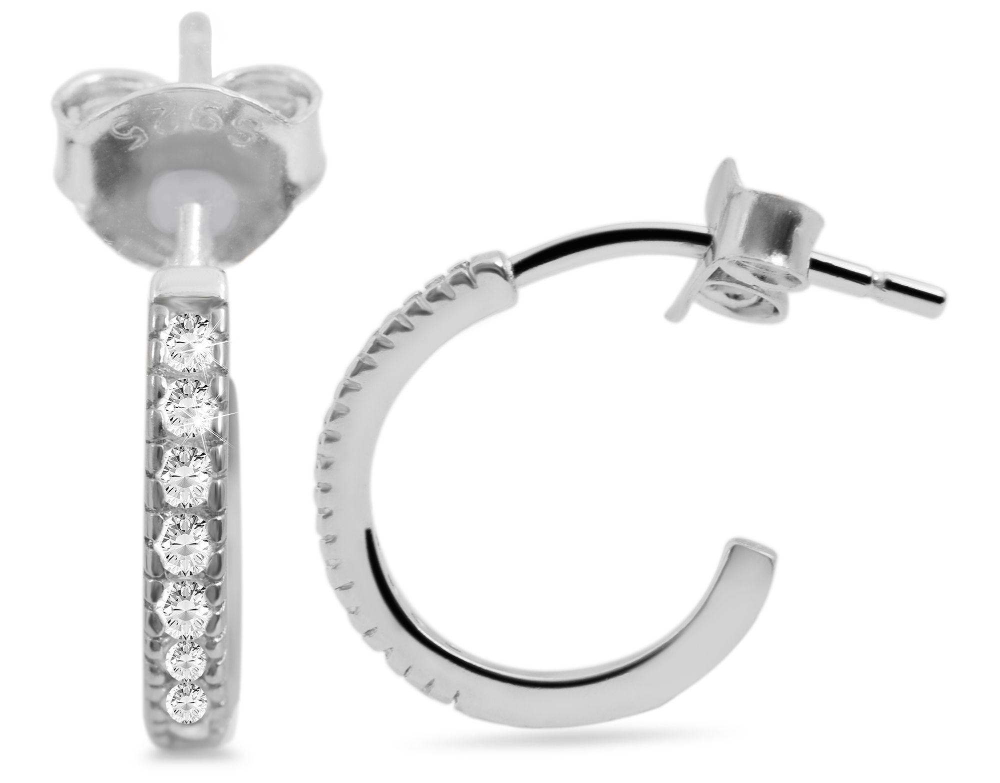 925/- Echt Silber Ohrstecker "Syra" halbrunde Creole mit Zirkoniabesatz, 925/rhodiniert