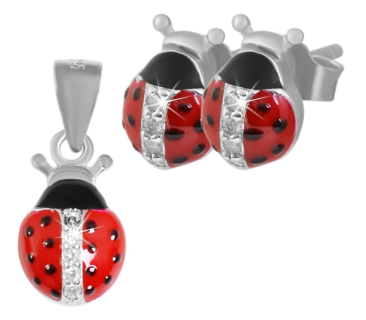 925/- Echt Silber Schmuckset "Celira" für Kinder, Marienkäfer Ohrstecker und Anhänger, 925/rhodiniert