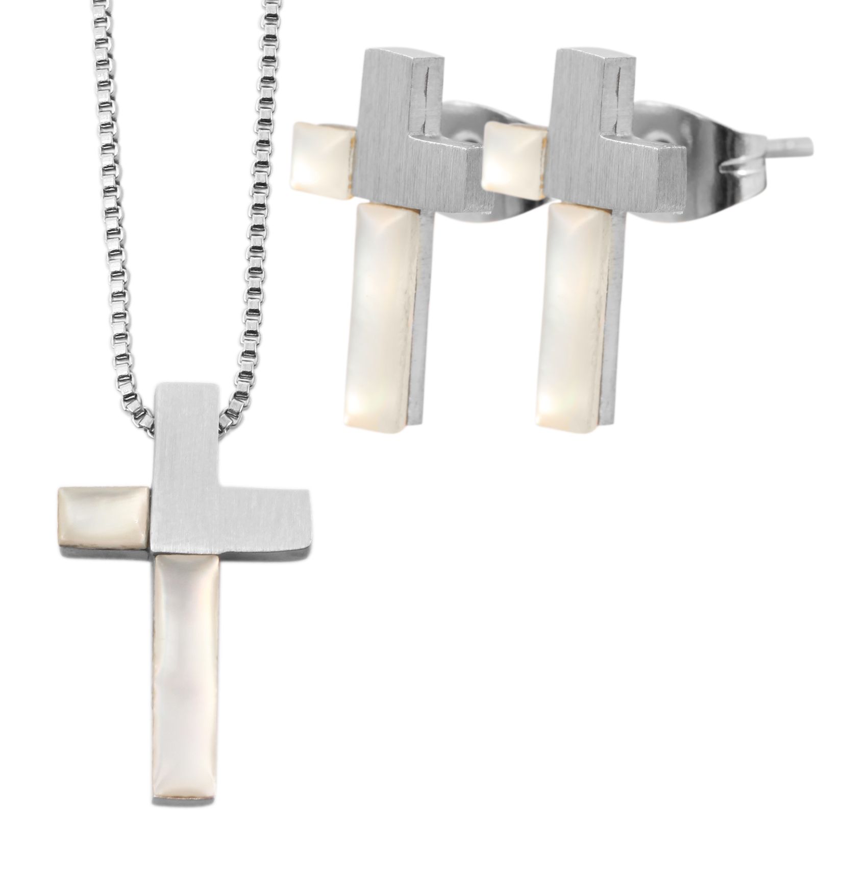 Akzent Edelstahl Schmuckset mit Kette und Ohrringen, Kreuz, silberfarbig