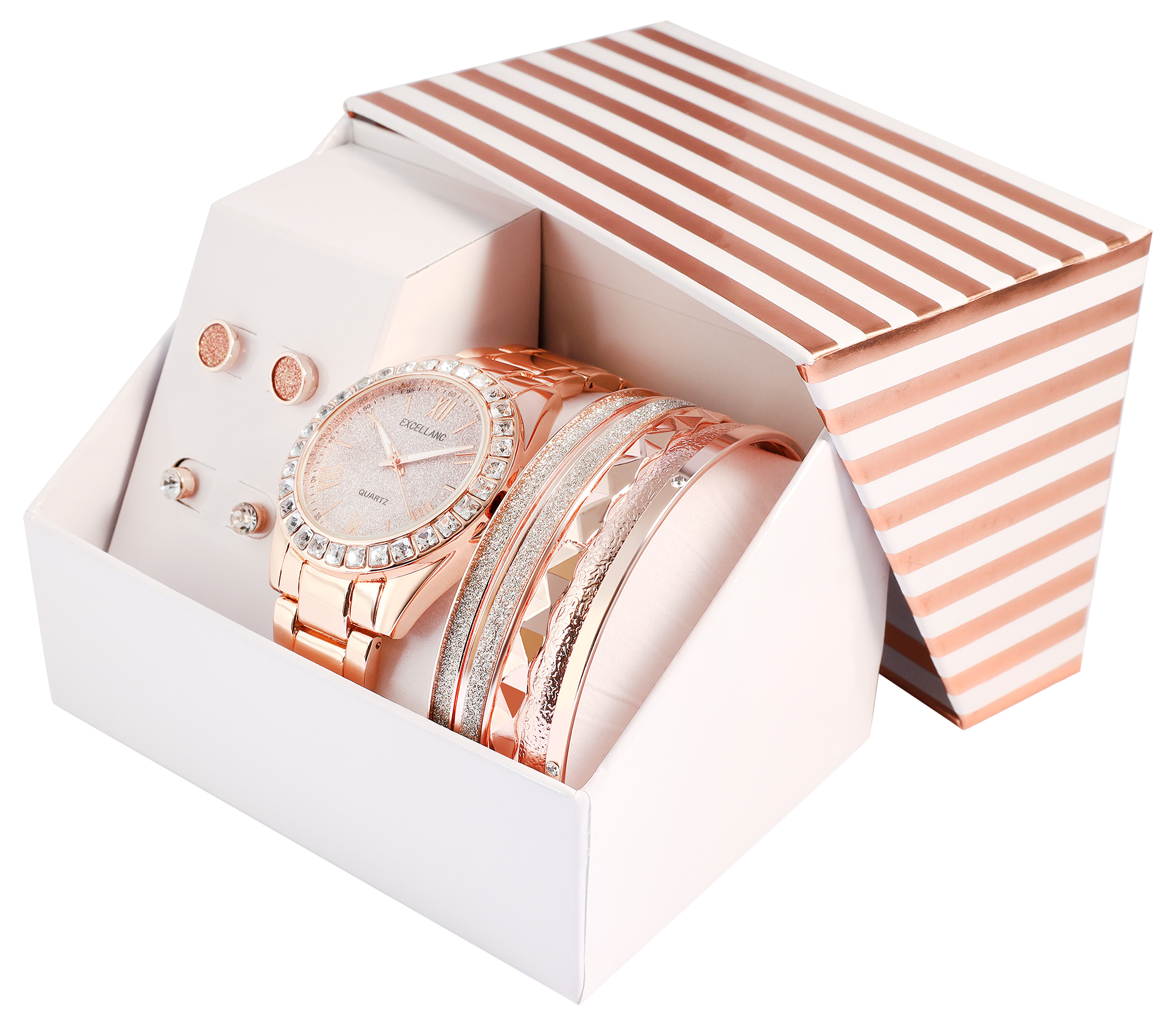 Excellanc Geschenkset mit Damenuhr + Armreifen + Ohrsteckern, roségoldfarben